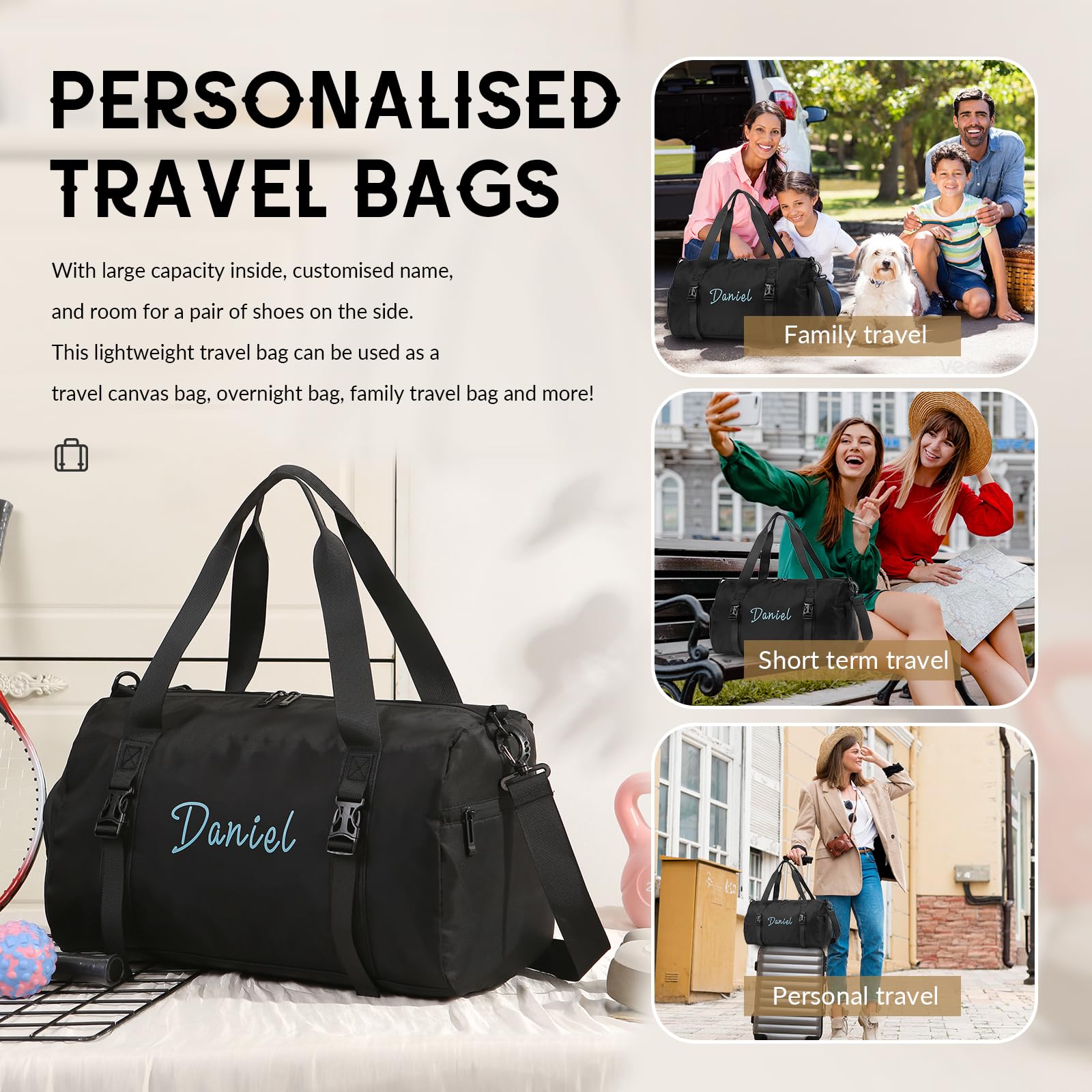 Borsa da Viaggio Personalizzata con Nome Borsa da Sportiva Yoga Grande Regali Personalizzati per Uomo Donne (nero)