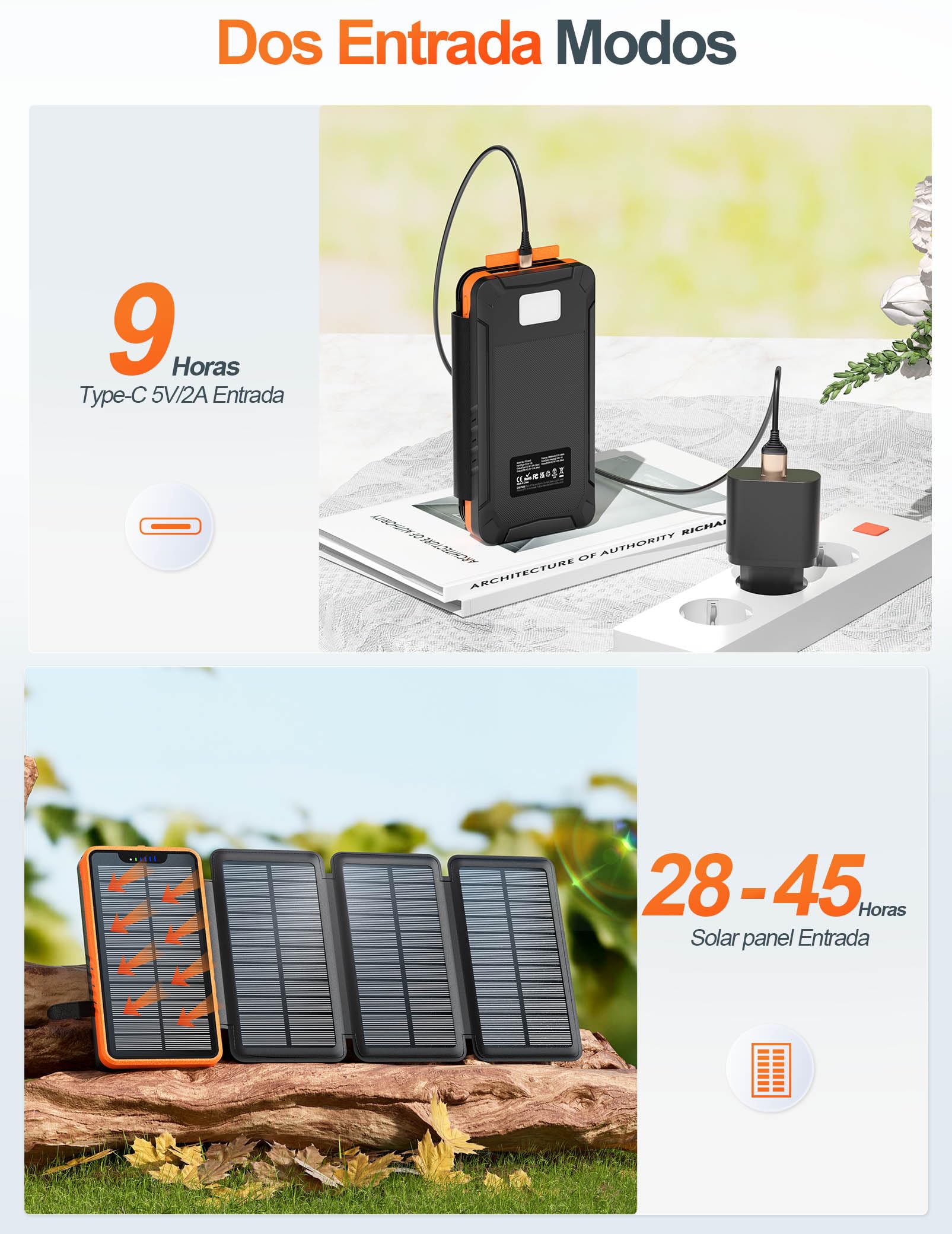elzle Solar Powerbank 26800mAh, Cargador Solar con 2 Salidas USB-A y 1 Entrada USB-C, batería Externa Resistente al Agua con 4 Paneles solares y Linterna para Smartphones, tabletas, Camping