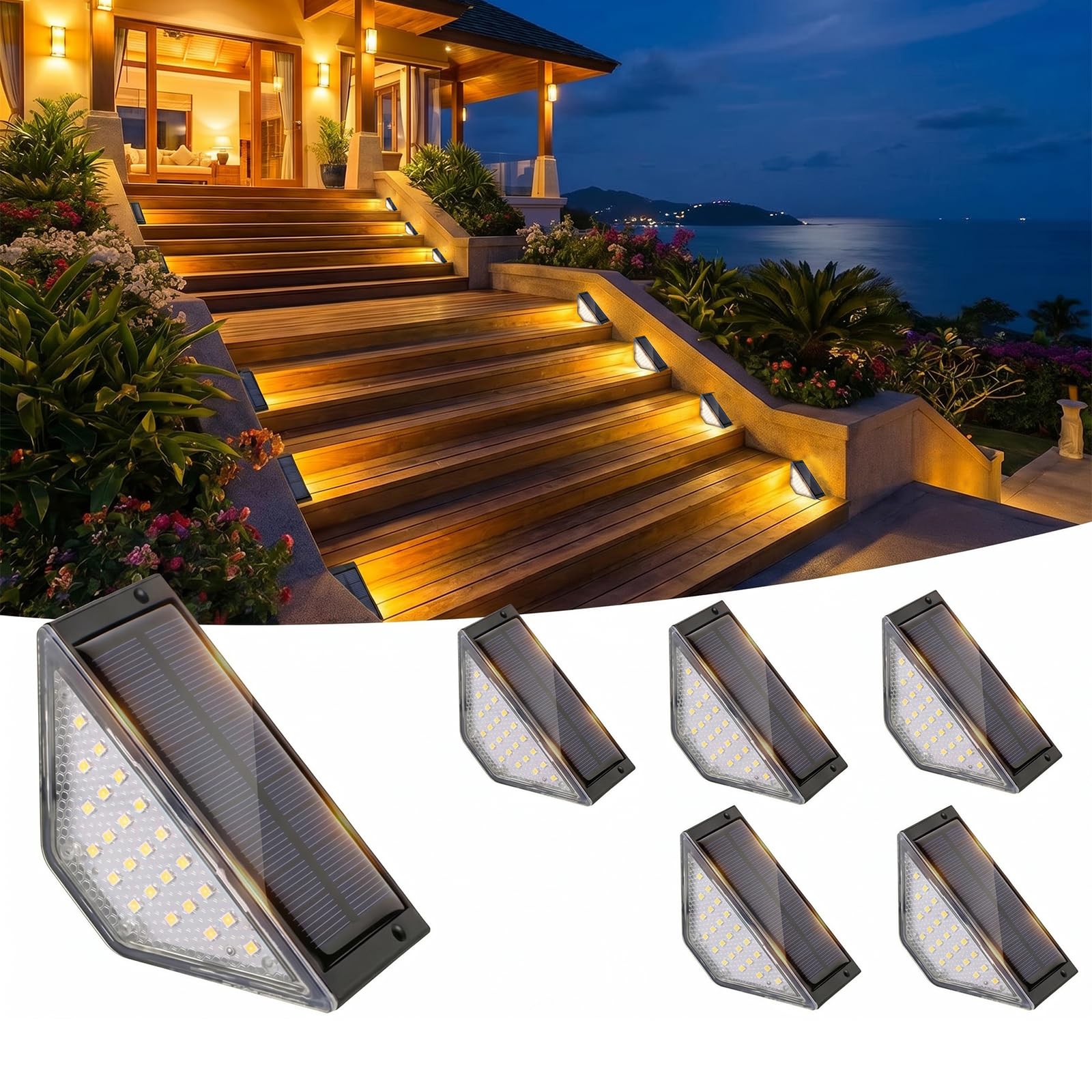 Beuaati Solar Lights Outdoor Garden, LED step light, 24 LED solar garden stair light, IP65 waterproof, LED garden lights suitable for yard decoration, terraces, fences, steps and stairs, etc. (6-pack)