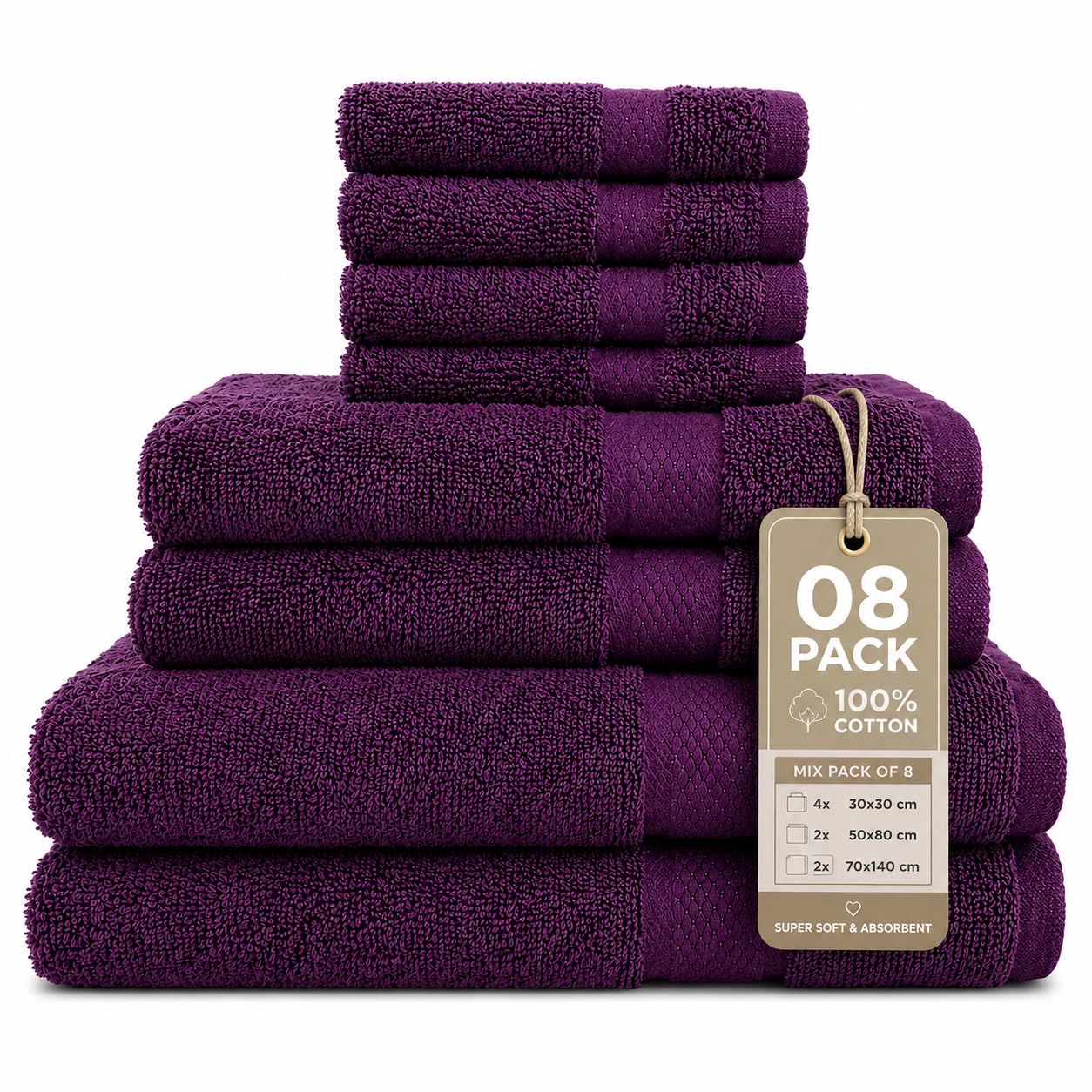 Gift Hub 8 Piece Towel Set - 2 Bath Towels, 2 Hand Towels & 4 Face Cloths | 100% Cotton, Soft & Highly Absorbent Bathroom Accessories | Luxury Towel Bale for Gym, Home, Guest & Family | Aubergine