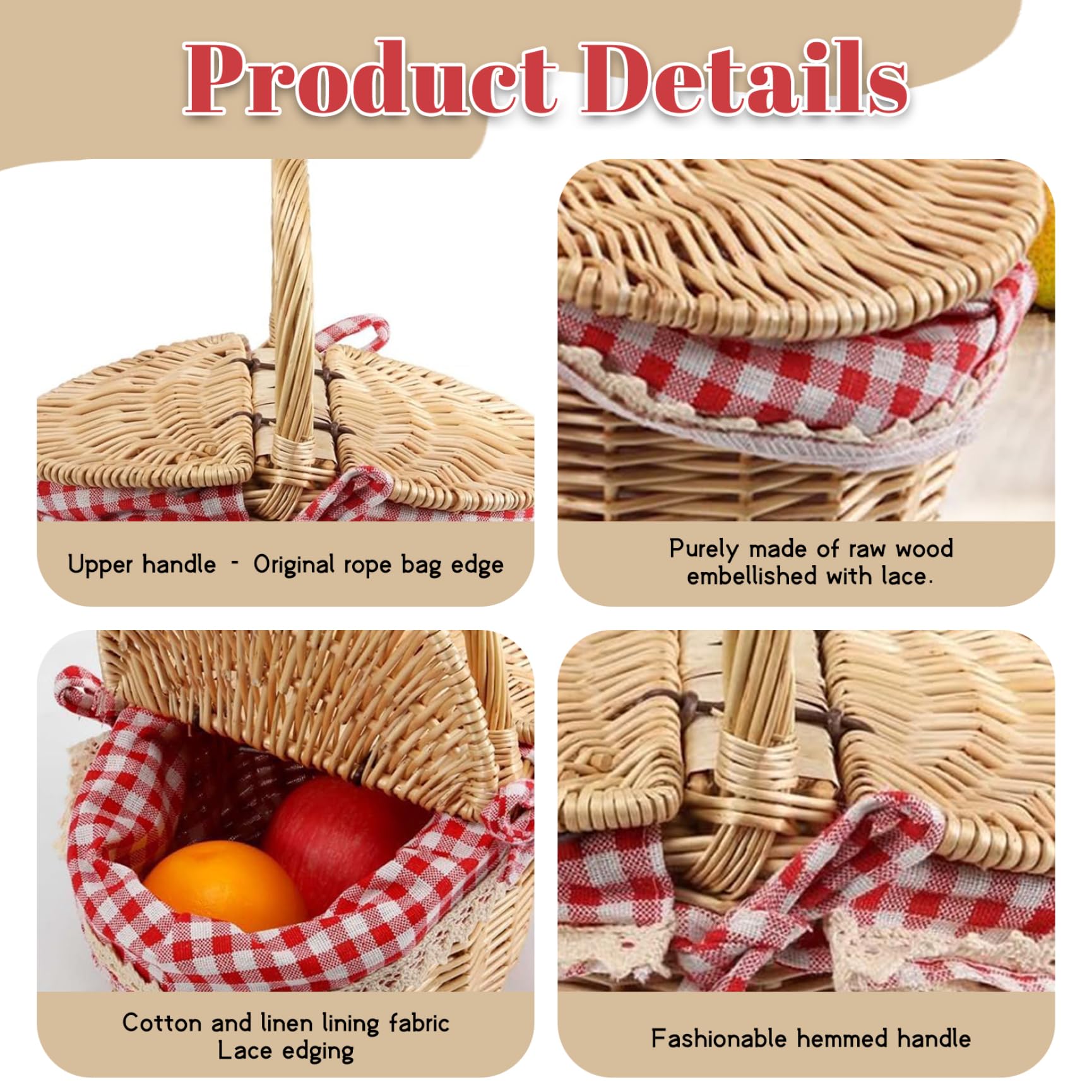 Cestino da picnic con coperchio, cestini in vimini con manici e rivestimento in tessuto di pizzo per raccogliere caramelle di frutta, picnic nuziale (9, 8x5, 5 pollici)