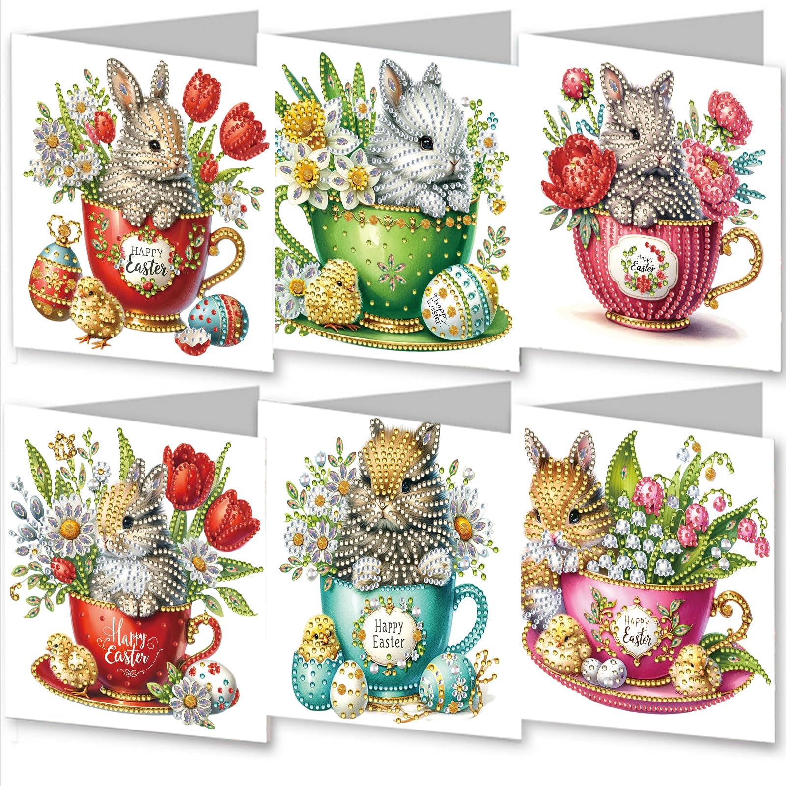 Abillyn Bunny in Cup and Easter Eggs Diamond Painting Greeting Card - Unique Handmade 5D DIY Art Card for Birthdays, Holidays & Christmas, Creative Gift for Adults (Bunny 1)
