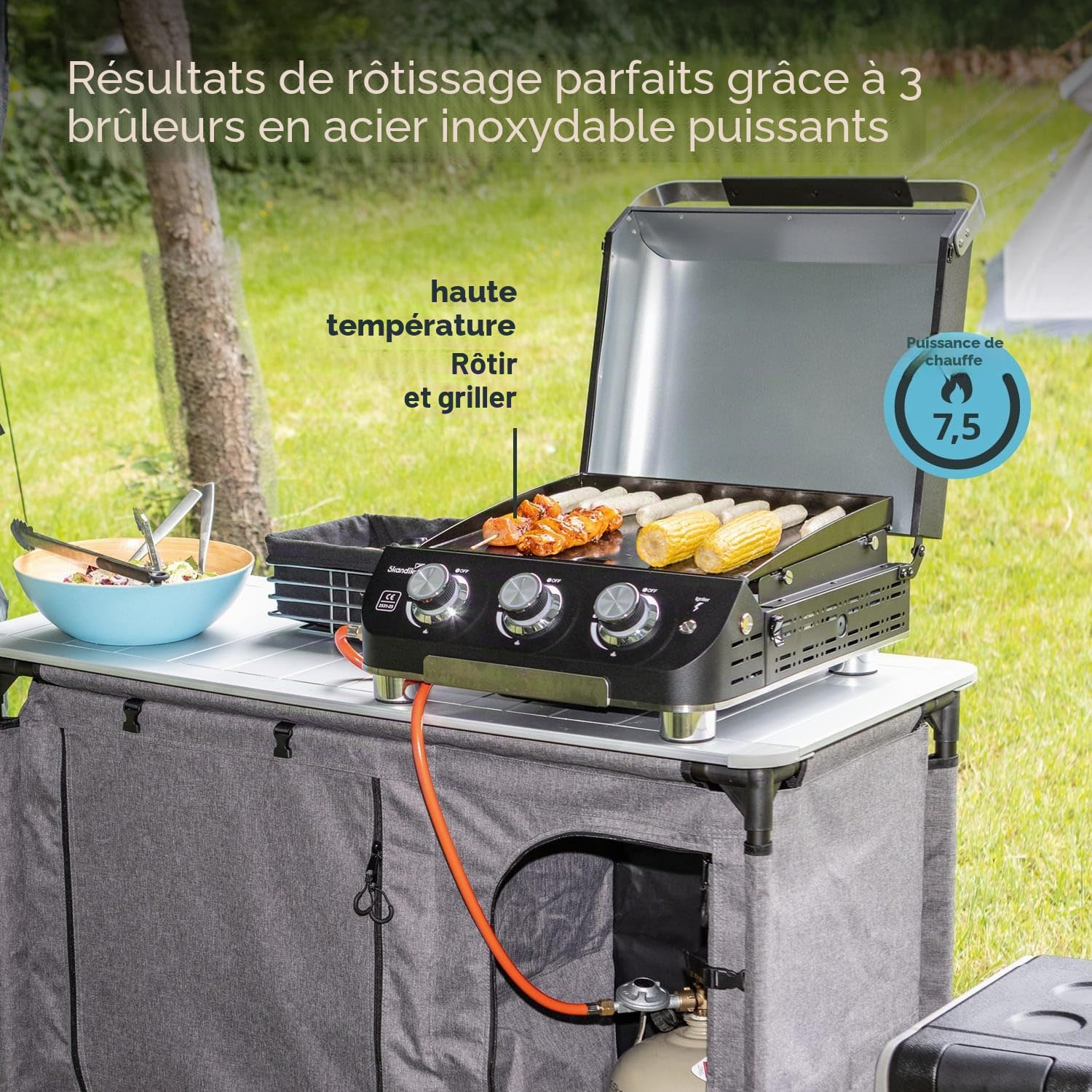 Skandika Plancha à gaz Palo | Plaque de cuisson à 3 brûleurs, égouttoir, barbecue à gaz transportable avec plaque plancha | Camping, bbq de table, jardin