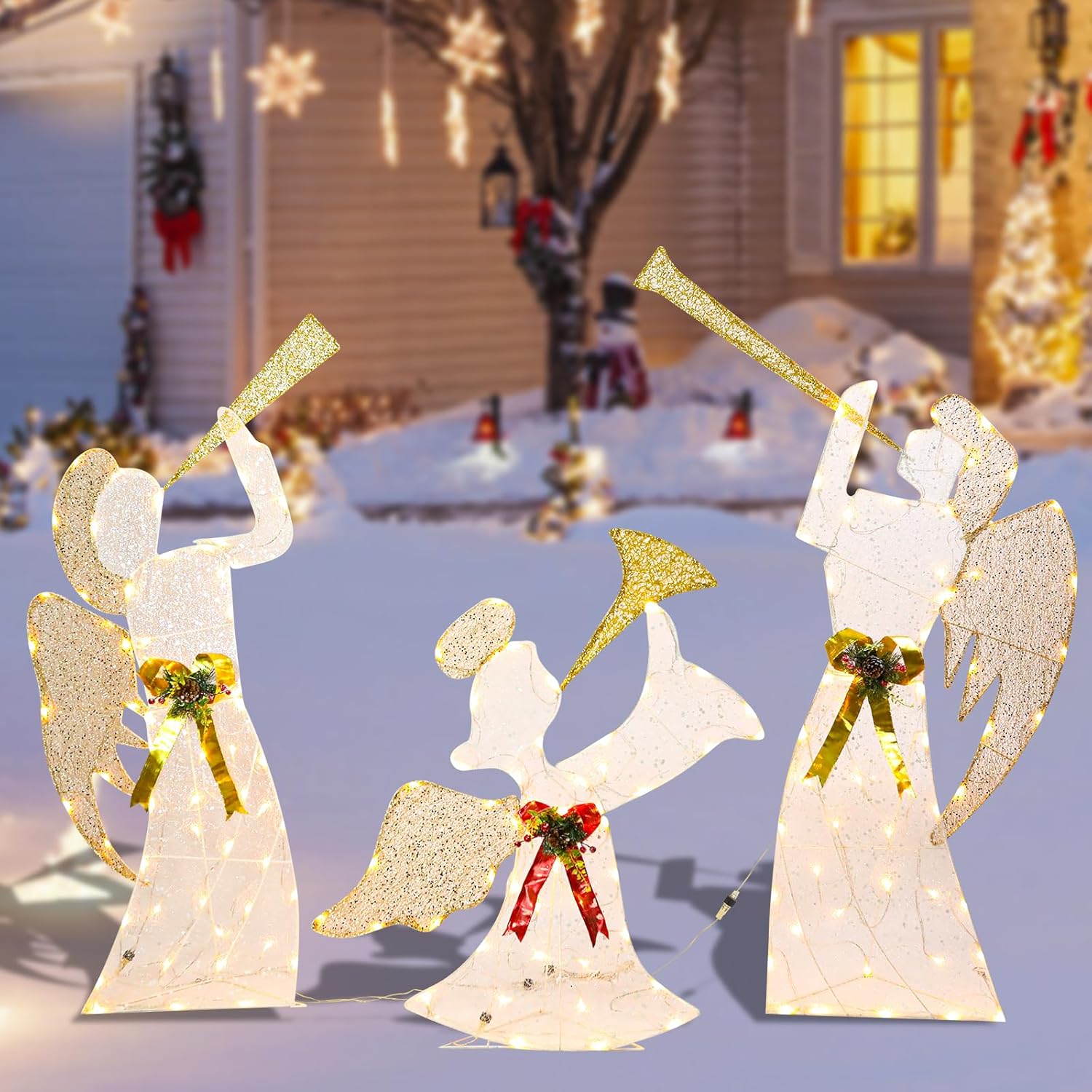 Taman Lighted Christmas Angel, Glittered 3 Angels Blowing The Trumpet Lighted LED Warm Lights for Outdoor Christmas Holiday Home Lawn Yard Garden Decoration Trumpet Angel