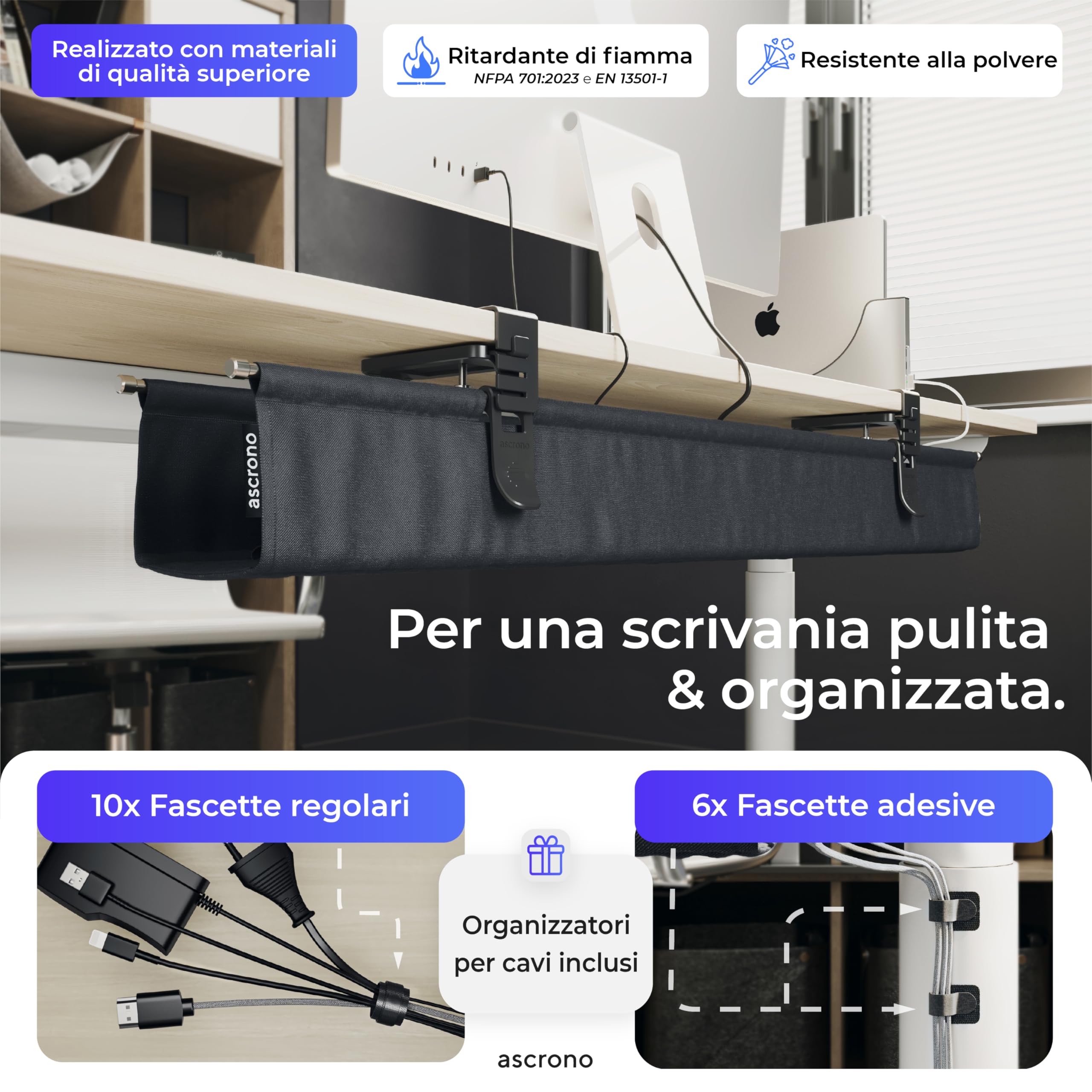 Ascrono Vassoio per la gestione dei cavi da 69,3 cm, in tessuto nero di alta qualità, per la gestione dei cavi sotto la scrivania, con morsetto/vite, supporta fino a 29,9 kg