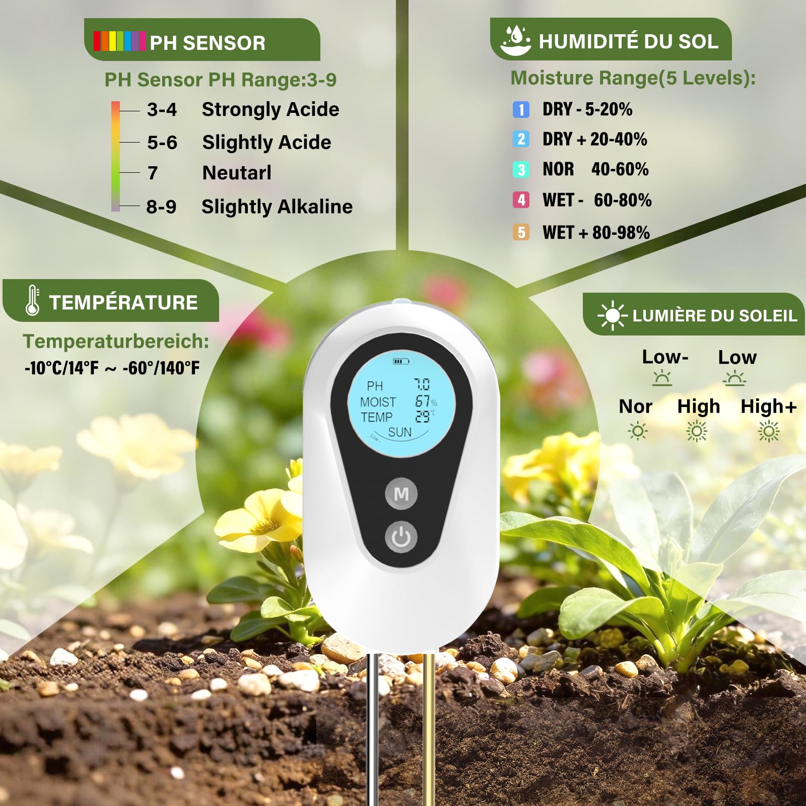 BURMONG Testeur Humidité Plante, 4 en 1 Hygrometre Plante avec Humidité/pH/Température/Lumière Solaire, Testeur pH Sol pour Jardinage, Agriculture et Plantes d'Extérieur