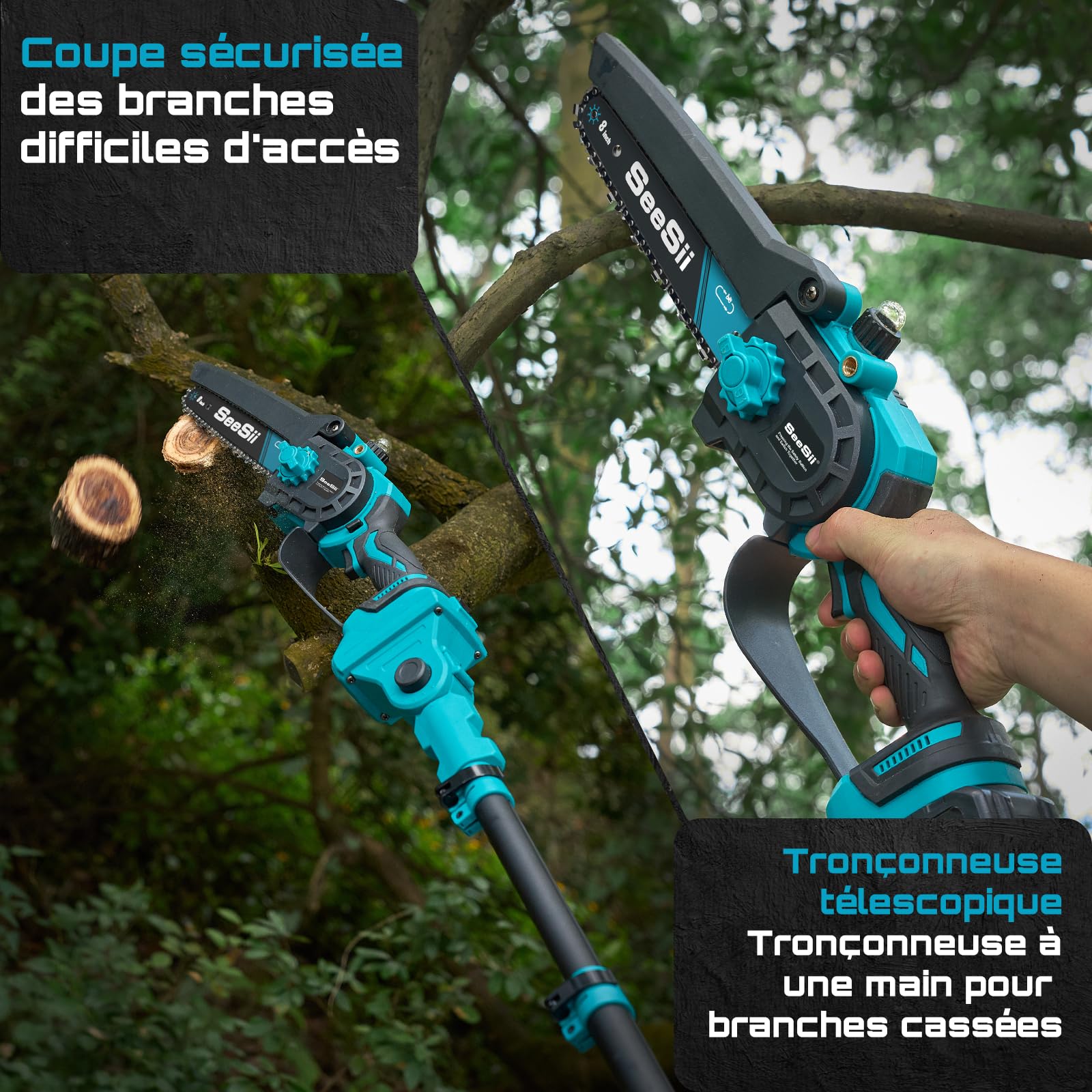SEESII PS810 Mini Tronconneuse & Elagueuse sur Perche 8 Pouces, 2-en-1 Tronconneuse a Batterie, avec 2 x 4000 mAh Batteries, Portée 4,87 M, Système D'huile Automatique, pour Branches et Jardin