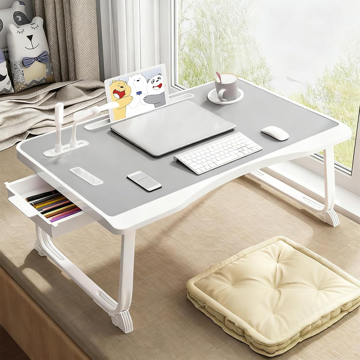Biurko na laptopa, stolik USB, składana taca z portem ładowania USB, uchwyt, gniazdo na kartę / kubek, szuflada boczna, przenośny stojak na notebooka do jedzenia, czytania, pracy, na kemping