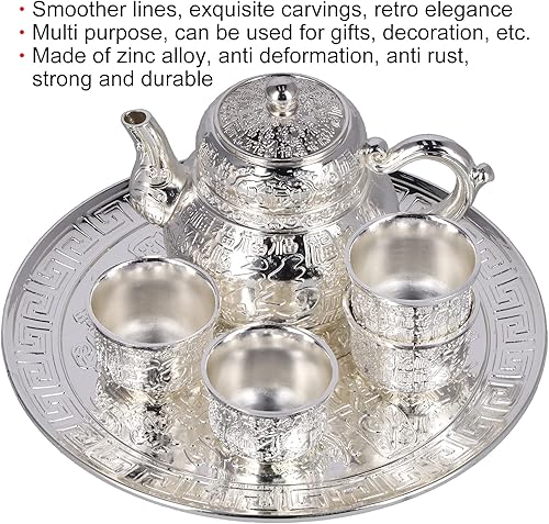 Miniatura 5 de Juego de tetera y taza para uno, juegos de té de aleación de zinc para adultos con tetera y bandeja, juego de tetera vintage plateada, regalo de