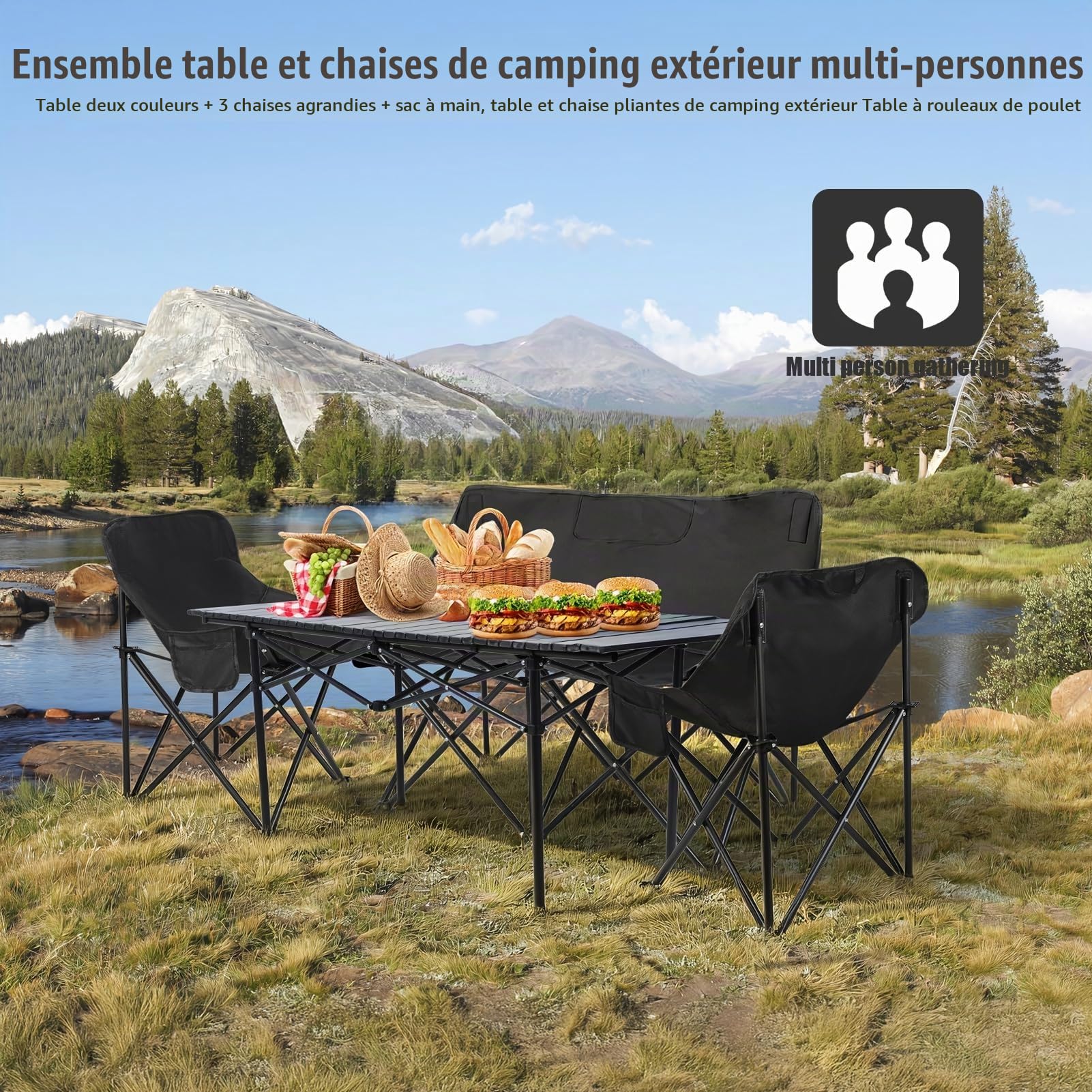 Canapé de Camping 2 Places, Set 4 Pièces avec Table et Fauteuils Pliables