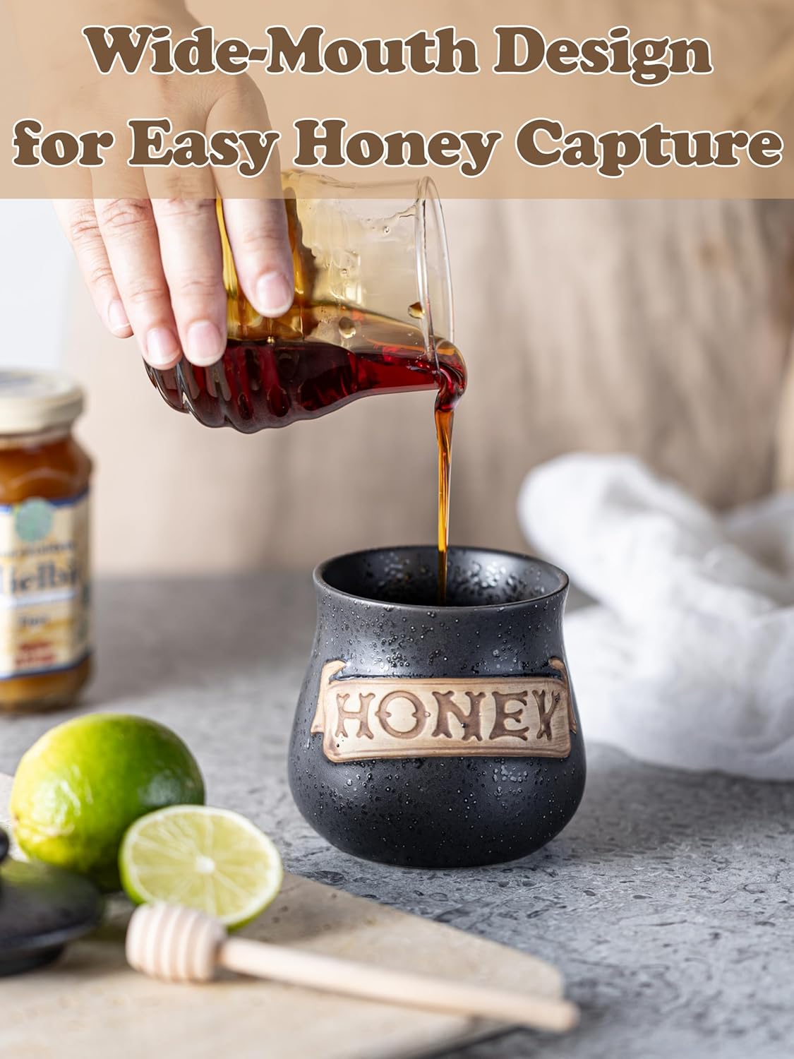 12OZ Honey Jar with Dipper and Lid Multi-Use for Chocolate Syrup/Agave, Fits Farmhouse Kitchens & Dinner Parties Gifts, Black and 3 Tier Serving Stand and Platters Set, 14 Inches Tiered Serving Tray f