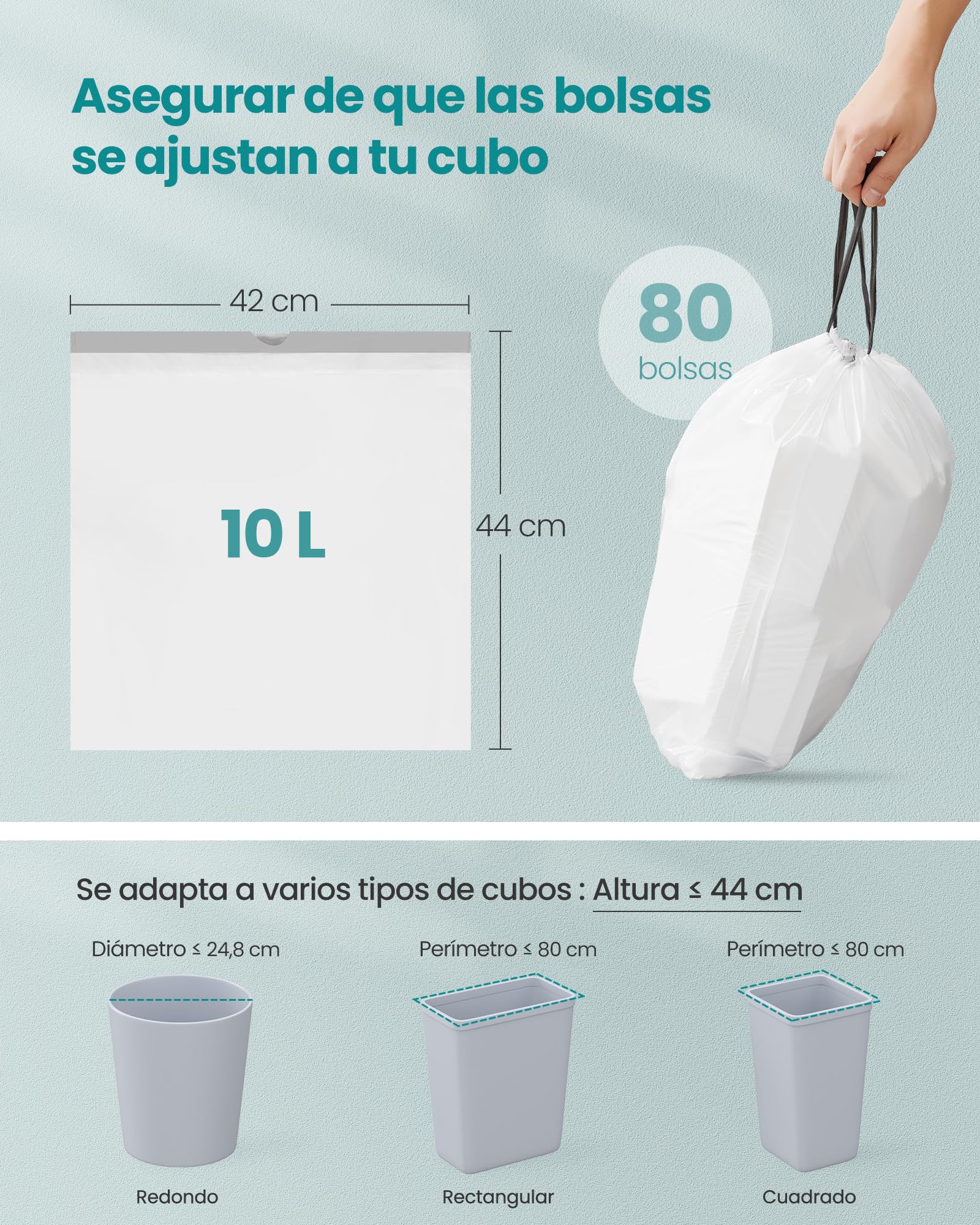 SONGMICS Bolsas de Basura, 10 L Bolsas de Basura con Cordones, 80 Piezas, Código R, Resistentes, Caja de Dispensación Rápida, Blanco Crema KRB011A02