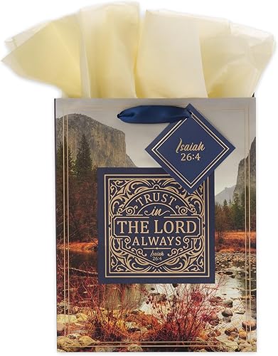 Christian Art Gifts Bolsa de regalojuego de papel de seda Trust In The Lord Always Isaías 264, versículo bíblico azuldorado, mediano