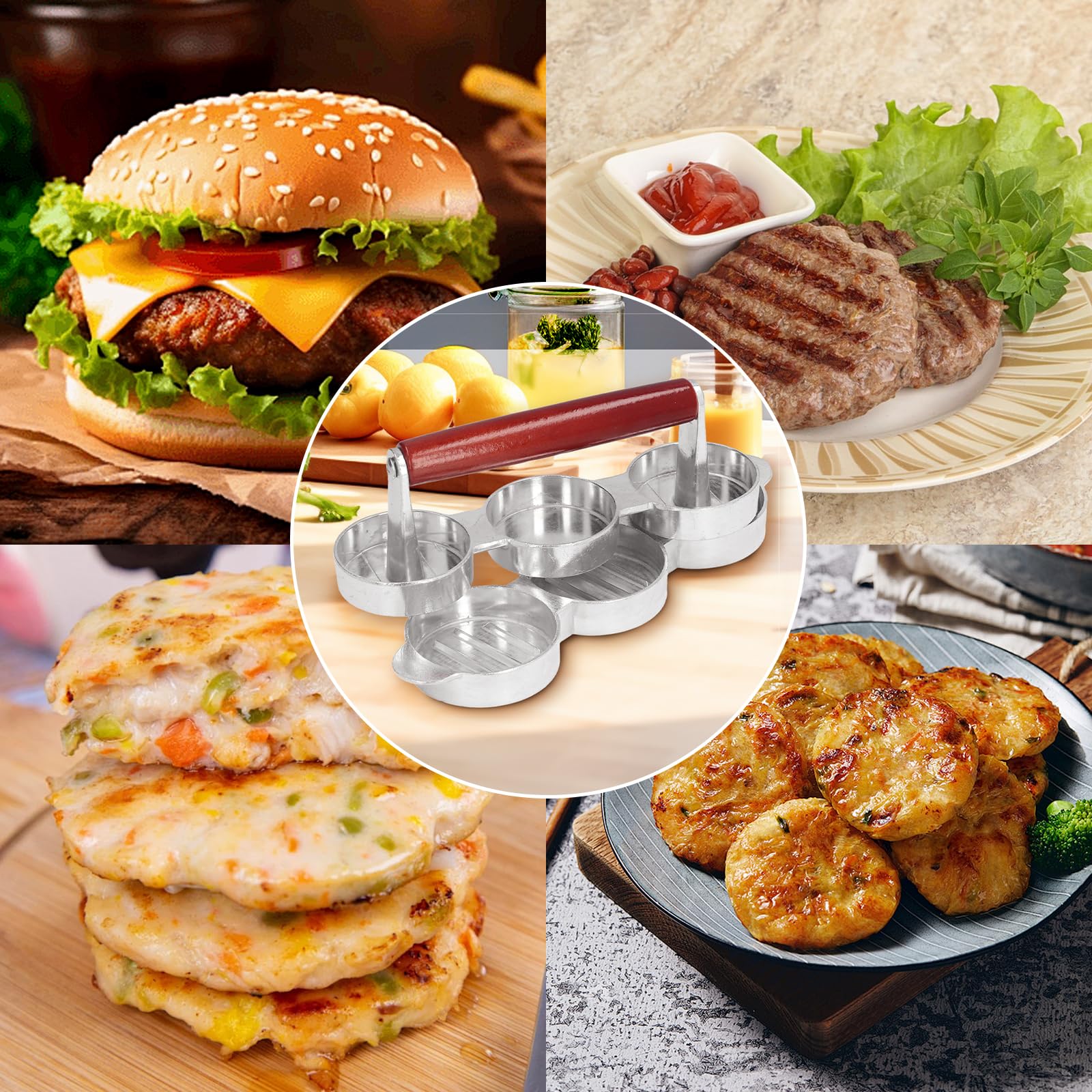 Pressa per hamburger – Manico in legno con 5 griglie, stampo