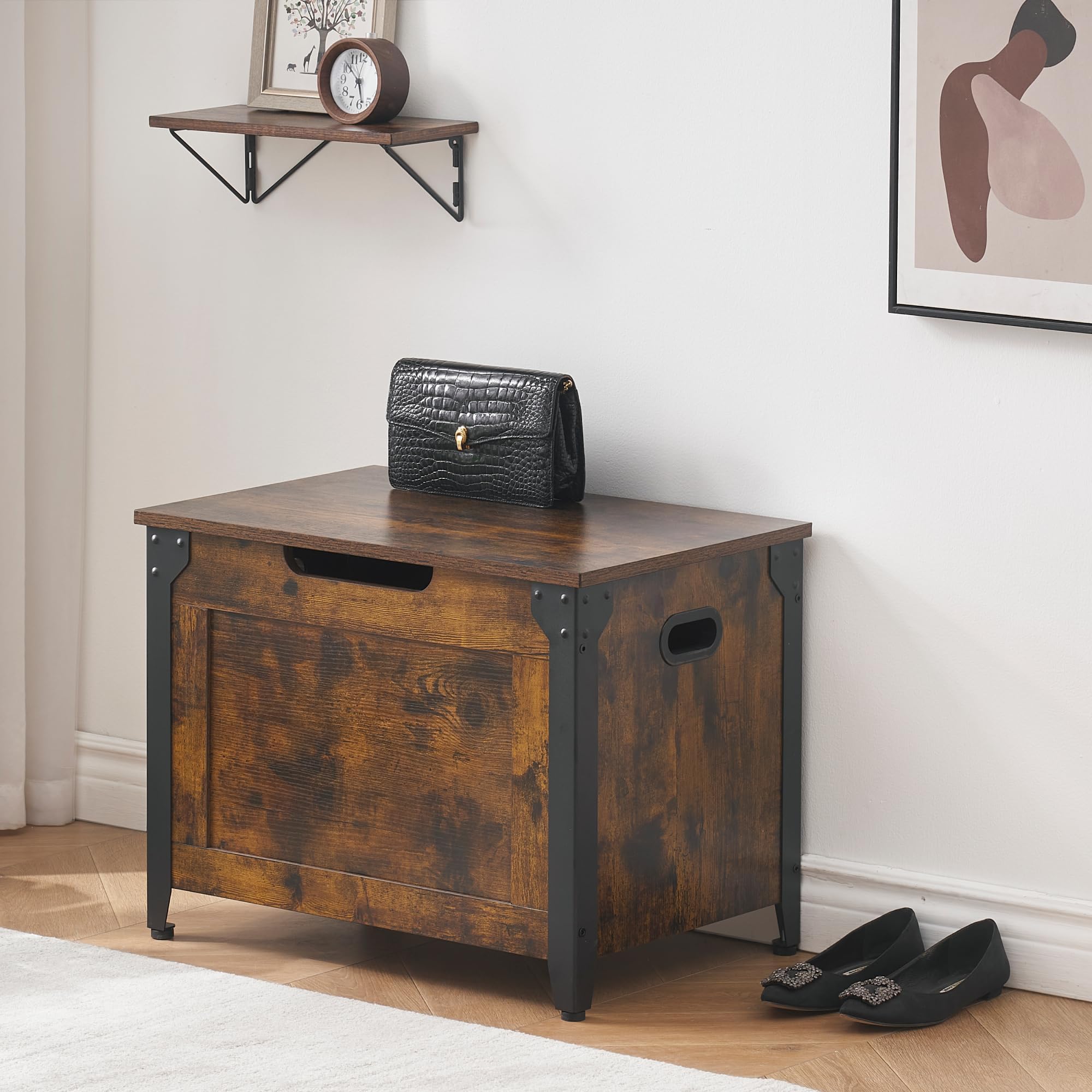 Banc avec espace de rangement, coffre avec couvercle, 60 cm de long, 2 charnières de sécurité, charge maximale : 136 kg, coffre en bois, pour couloir, chambre à coucher, salon, marron