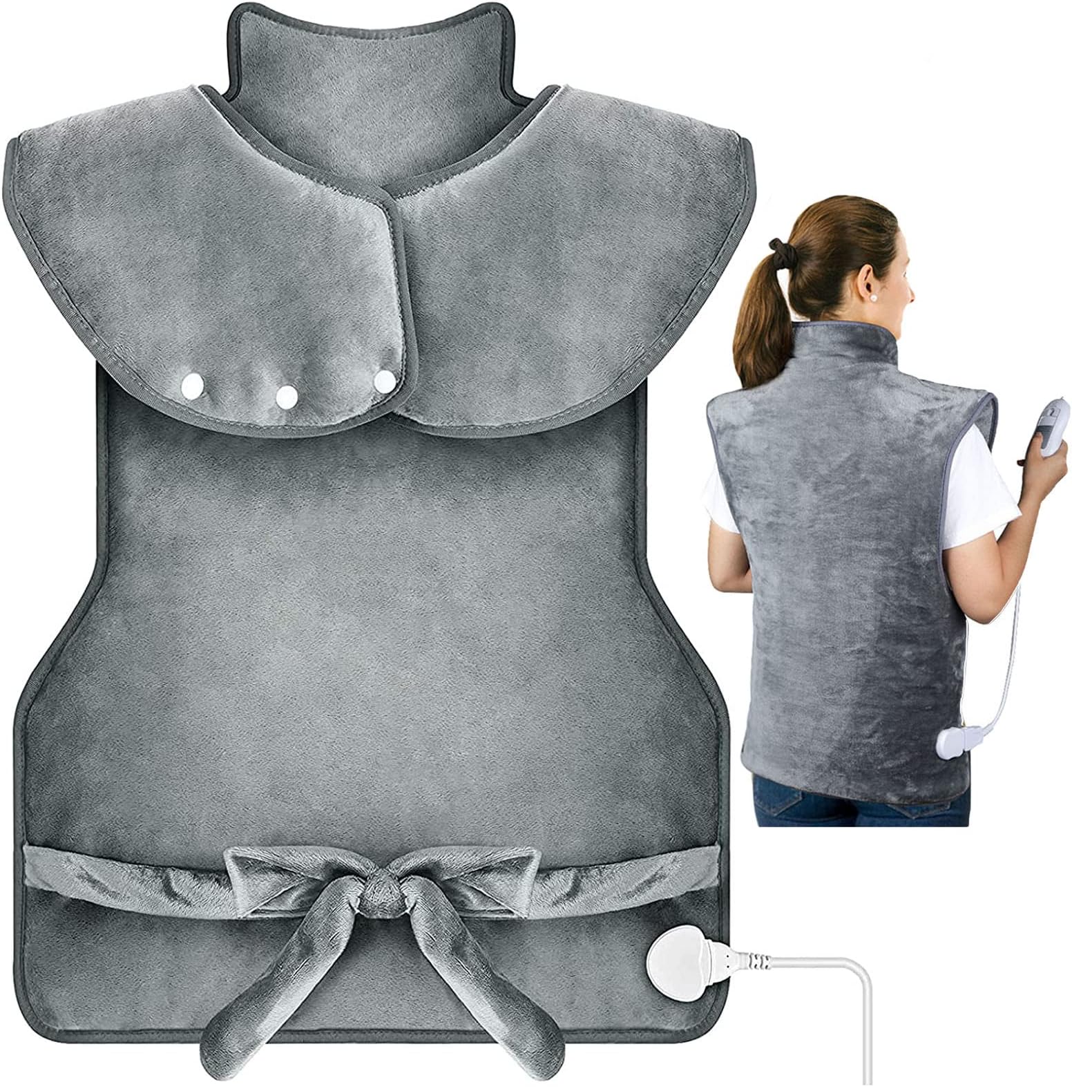 Arabest Electric Heating Pad, Wearable Electric Heating Pads for Back with 3 Heat Levels, Auto-Off Timer, Machine Washable 100 X 60 CM for Back Neck and Shoulders Pain Relief, Flannel Surface, Gray