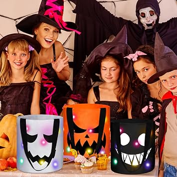 Teling 6 Pcs Halloween Trick or Treat Bucket Light up Pumpkin Candy Bags LED Halloween Treating Baskets Reusable Goody Gift Tote Bag for Birthday Party Favor Supplies(10.4 x 9.8 Inch,Smile Face)