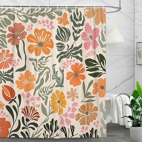 Miniatura 11 de Cortina de ducha botánica floral bohemia, bonita cortina de baño abstracta de mediados de siglo, flores modernas de mediados de siglo, primavera y