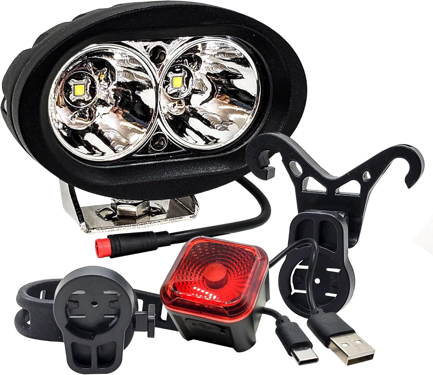 OZ-USA 8W LED E-Bike Headlight with 2-Pin Julet Plug & USB Smart Brake Light 12V–60V Compatible with Lectric Velotric Aventon and Juiced Electric Bikes