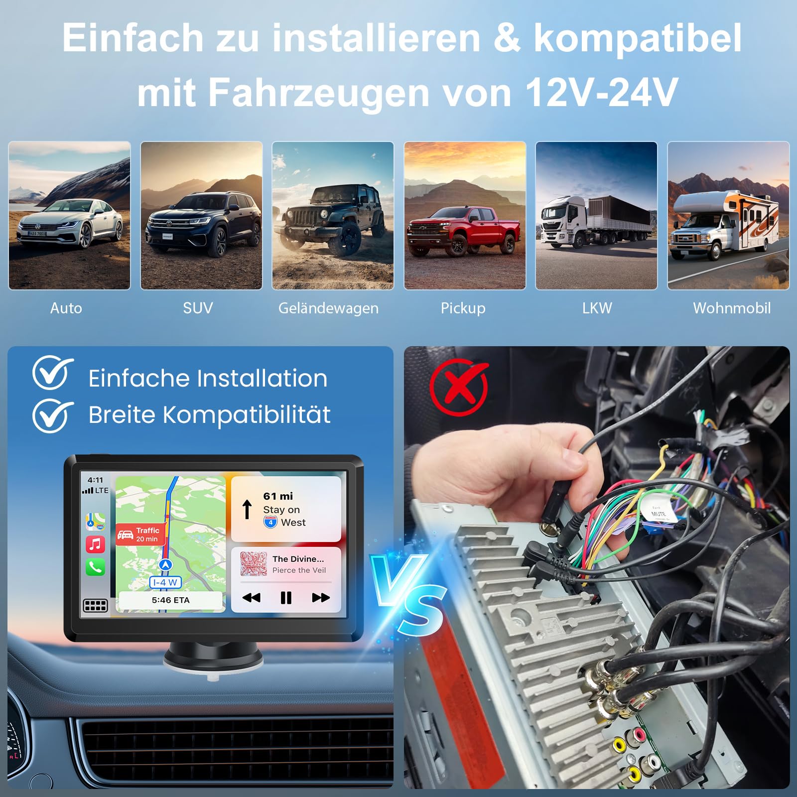 Wireless CarPlay Display, Tragbare Autoradio mit Android Auto,Touchscreen Bildschirm, MirrorLink, Sprachsteuerung, Bluetooth Freisprechen, GPS Navigation, FM, AUX für Auto PKW LKW Wohnmobil