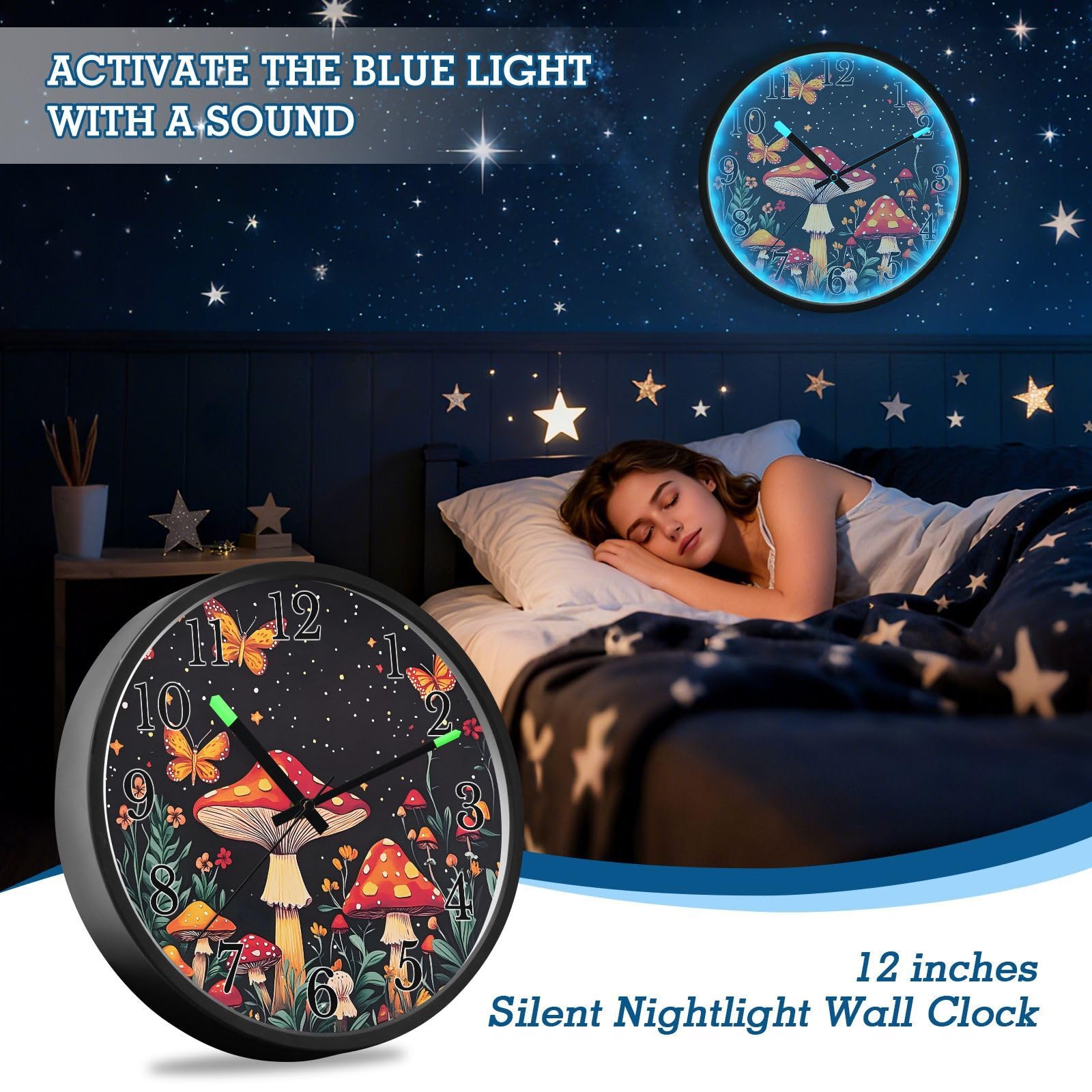 Mnsruu Reloj de pared luminoso con diseño de seta, mariposa, luna, reloj de pared que brilla en la oscuridad, funciona con pilas, 12 pulgadas, silencioso, sin tictac, luz nocturna para dormitorio