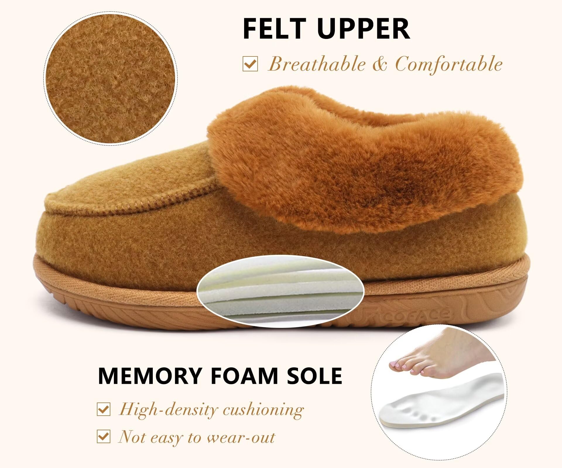 COFACE Pantofole Donna Invernali Peluche Pelle Pantofola Chiuse Calde Feltro Ciabatte da Casa Comode Memory Foam Slippers Antiscivolo Suola