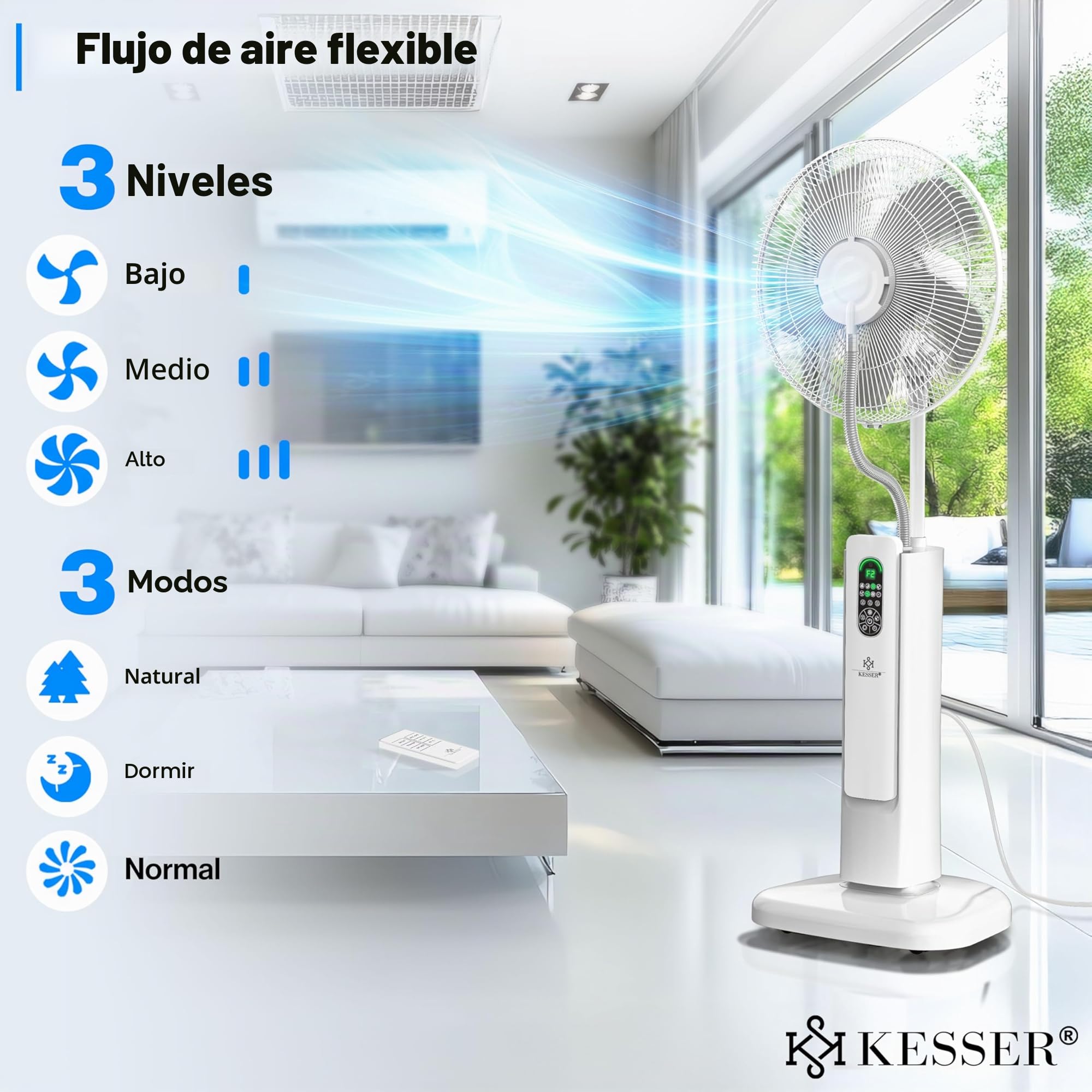KESSER® Ventilador de pie Frosty con nebulizador de agua ultrasónico, refrigeración por agua, con mando a distancia y función de temporizador, humidificador silencioso, función de niebla, blanco