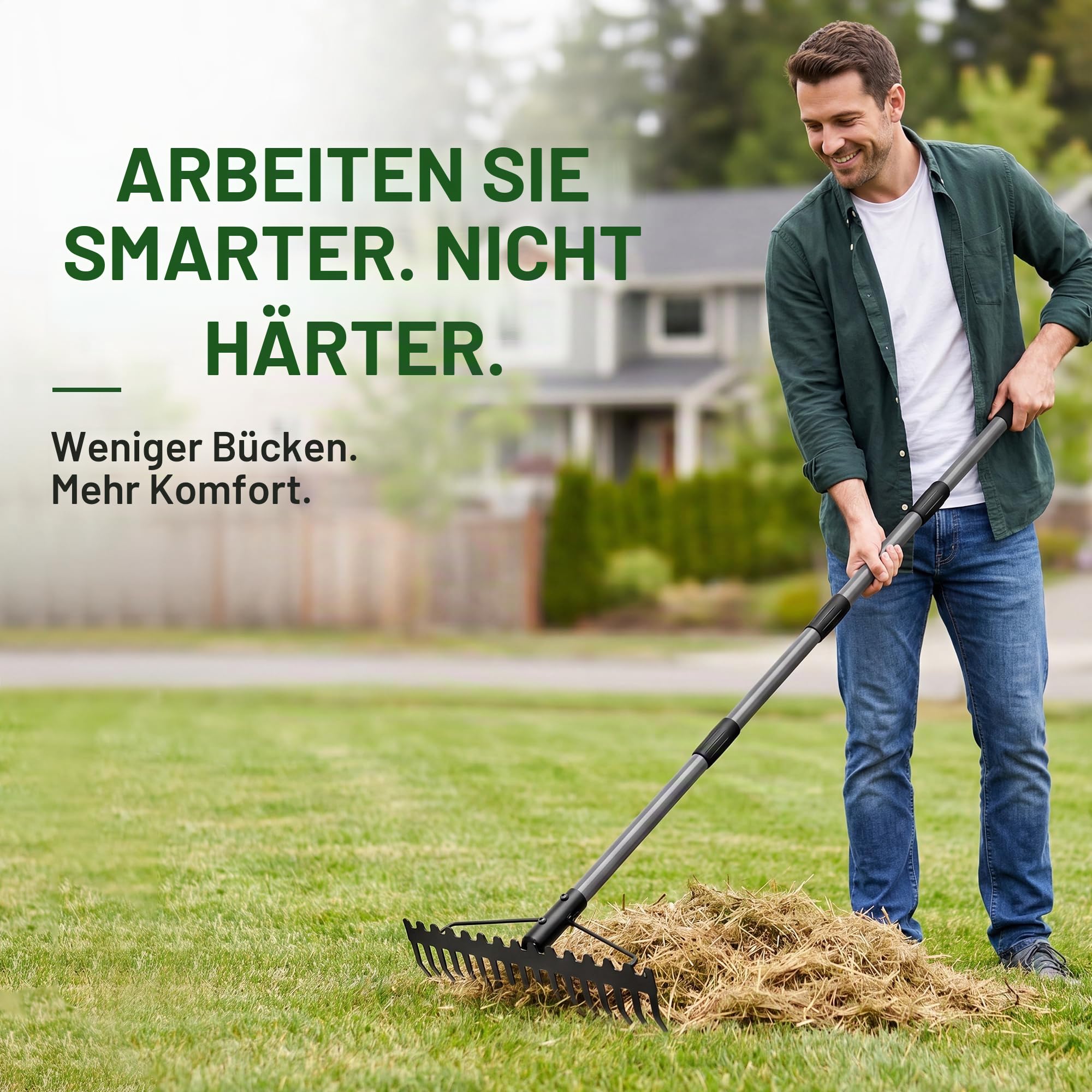 Walensee Garten Rechen, 165cm Metall Rechen , Harke mit 17 Stahlzinken, mit Edelstahlgriff, zum Lockern von Boden und Nivellieren von Rasen,Laubbesen,Rasenrechen, Heurechen für Rasen und Blätter
