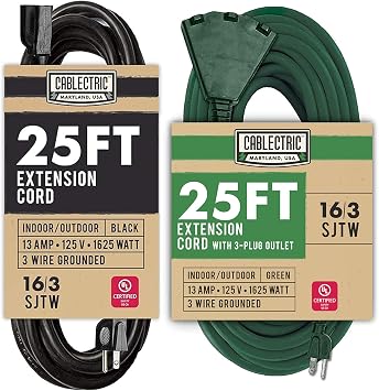 Outdoor Extension Cord 25 ft, 16/3 13 Amp Weatherproof SJTW Heavy Duty Black Cable & 3 Outlet Outdoor Extension Cord 25 ft, SJTW 16 AWG 13AMP Green Multiple Outlets Pigtail Exterior Cable