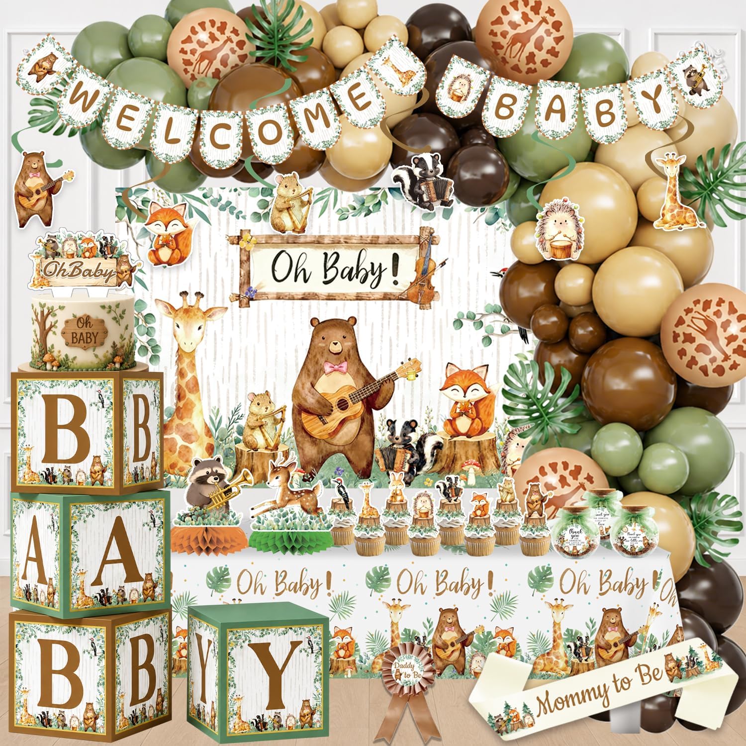 163 PC Woodland Safari Baby Shower Decorations - Gender Neutral Forest & Jungle Animals Party Supplies All-in-1 Pack with Oh Baby Backdrop, Balloon Garland, Welcome Baby Banner for Neutral Baby Shower
