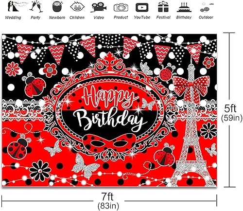 Miniatura 3 de Telón de fondo de cumpleaños de 7 x 5 pies, torre Eiffel, mariposa, rojo y negro, decoración de fiesta de feliz cumpleaños para niña, luces con