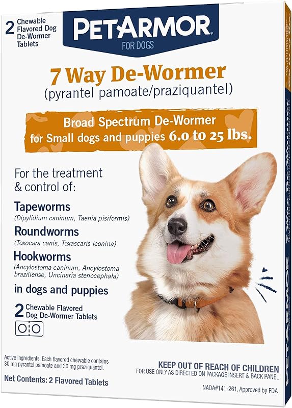 Desparasitante de 7 vías para perros, tratamiento oral para tenia, lombrices intestinales y anquilostomas, desparasitante para cachorros y perros pequeños (6-25 libras), eliminador de lombrices (praziquantel y pamoato de pirantel), 2 masticables con sabor | Ideal para perros pequeños de 6 a 25 libras; Amplio espectro: 2 tenias, 2 lombrices intestinales y 3 anquilostomas; 2 cuentas; Tabletas masticables