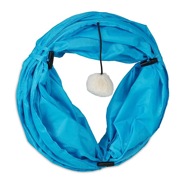 Foto 6 de 8 de Relaxdays Túnel para Gatos Plegable, 88 x 25 cm, Tubo para Gatitos con Juguetes y Bolsa, Interactivo, Azul