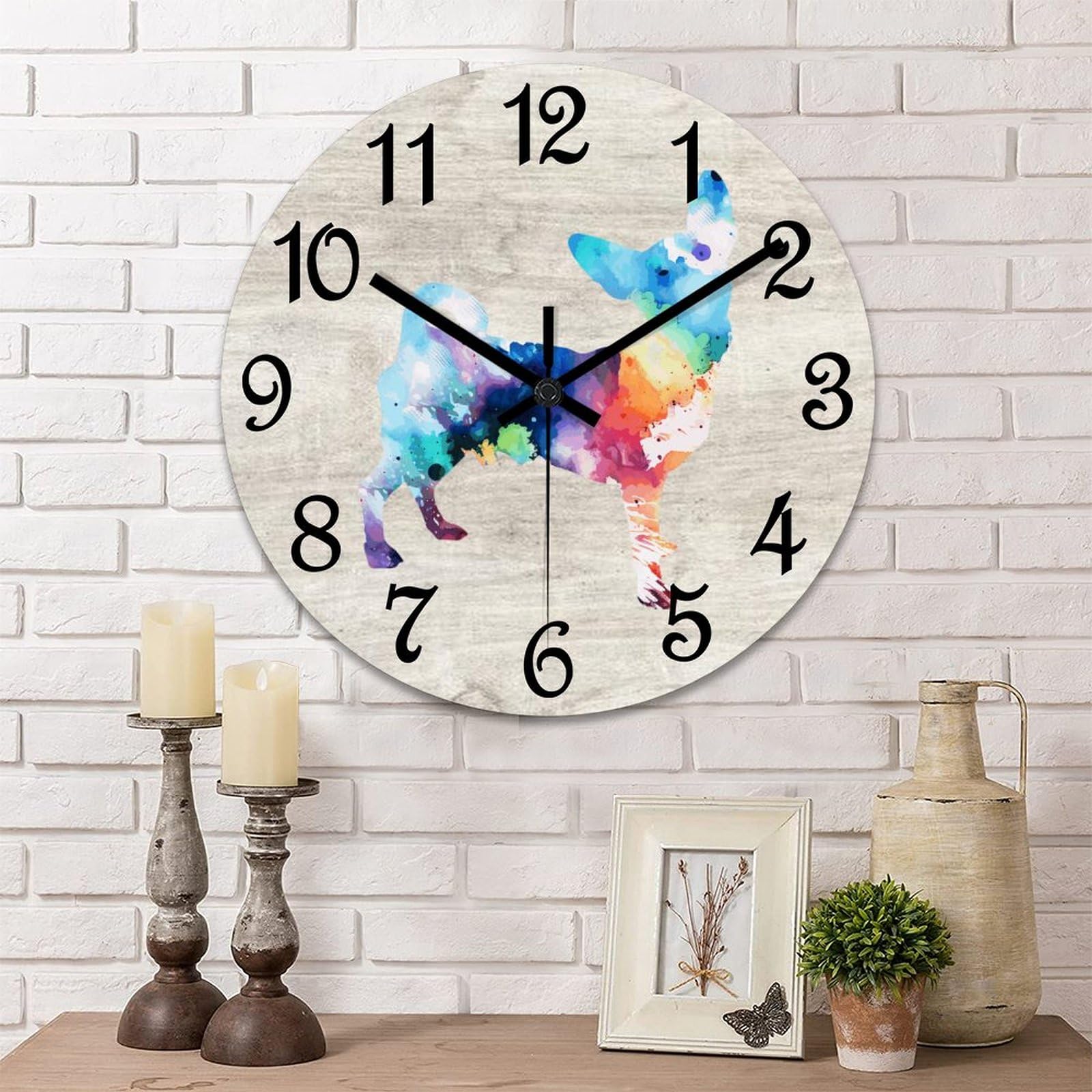 Horloge murale en bois chihuahua ronde de 38 cm à pile pour salon