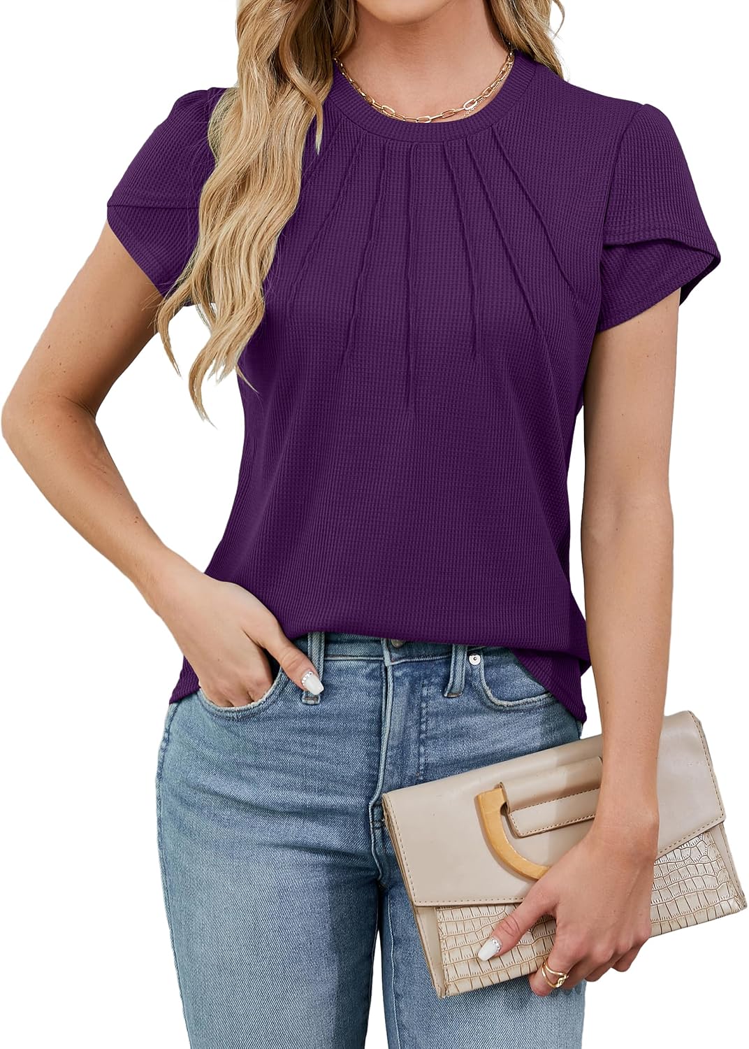Blooming Jelly Womens Dressy Casual Blouses Business Work Tops Summer Short Sleeve Shirts Crew Neck Waffle Kint Tshirts