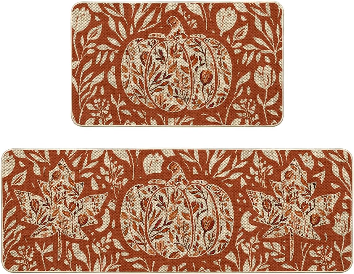 Artoid Mode Orange Flower Pumpkin Fall Kitchen Mats Set of 2, Autumn Home Decor Low-Profile Kitchen Rugs for Floor - 17x29 and 17x47 Inch