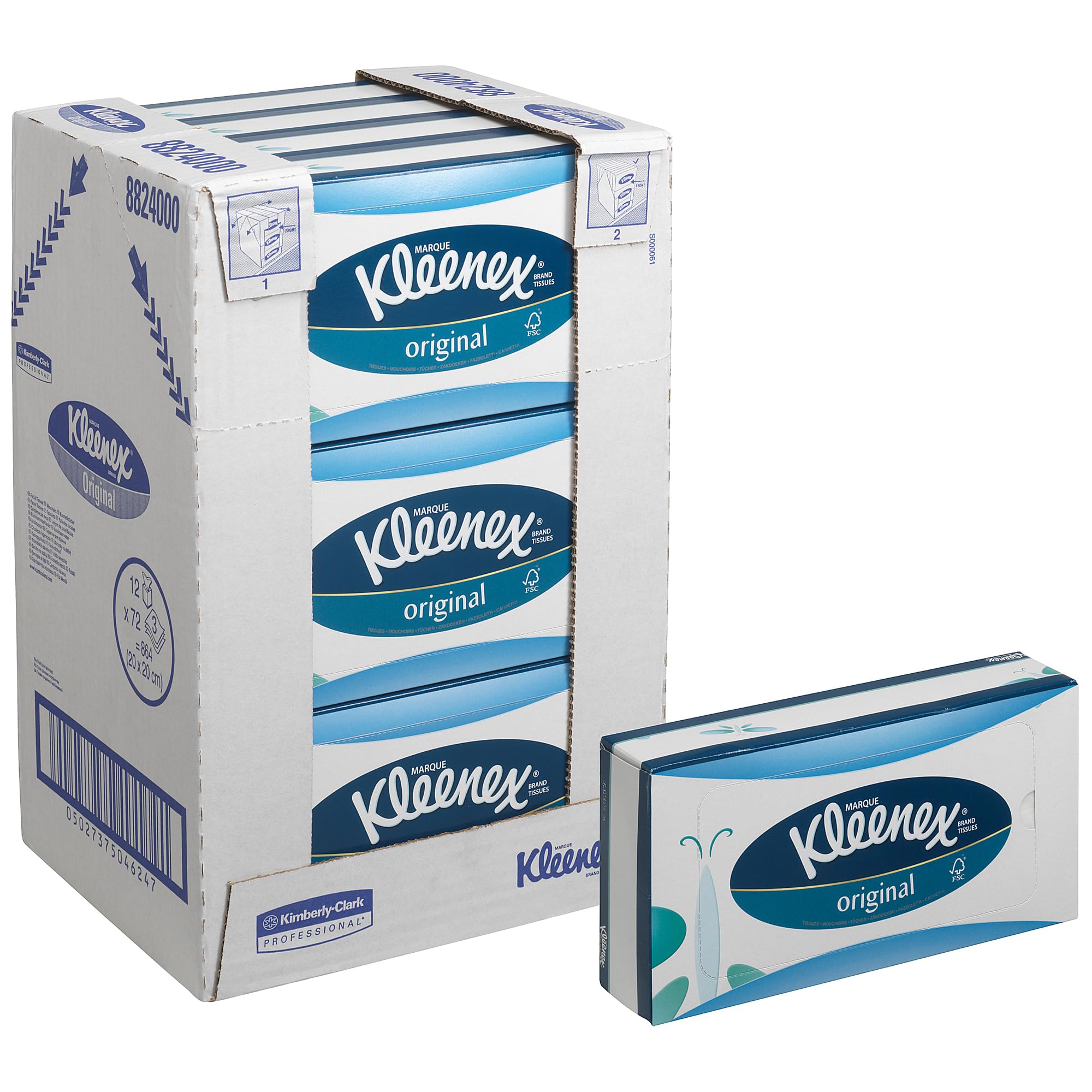 Kleenex Caja de Pañuelos 8824, 3 Capas, Suaves y Resistentes, Sin Fragancia, 12 Cajas x 72 Hojas (864 total)
