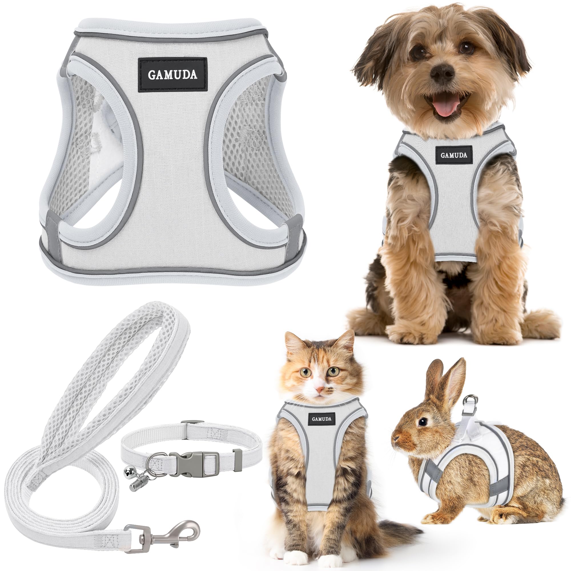 GAMUDA Small Pet Harness Collar and Leash Set, Step in No Chock No Pull Linen Fabric Soft Mesh Dog Vest Harnesses Reflective for Dogs Puppy Cats Kitten Rabbit (White, XS)