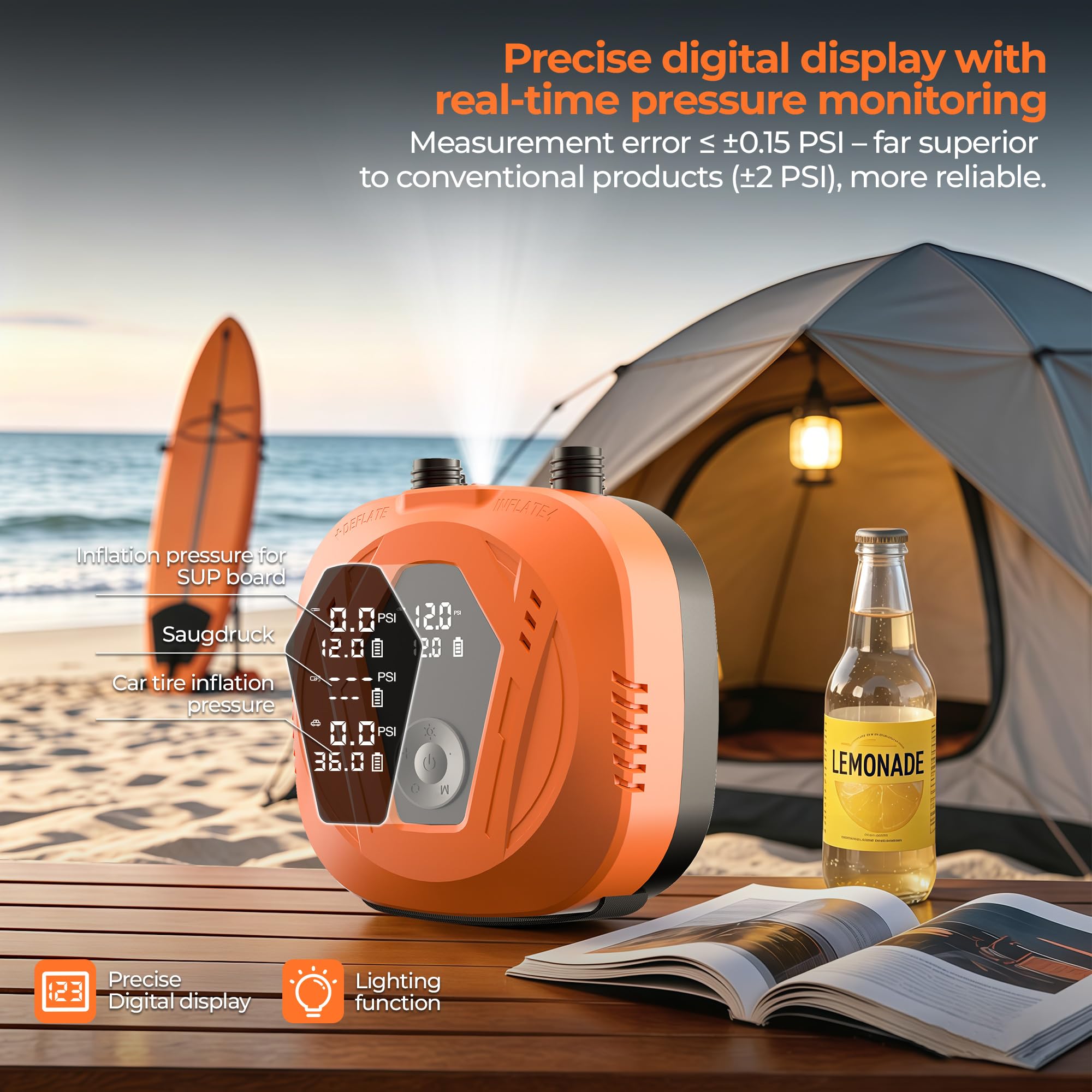 Pompe à air électrique SUP, 20 PSI SUP, pompe à pagaie rechargeable, 15600 mAh, détection automatique de la pression d'air, pompe à air d'arrêt automatique pour paddleboard, cerf-volant, tente