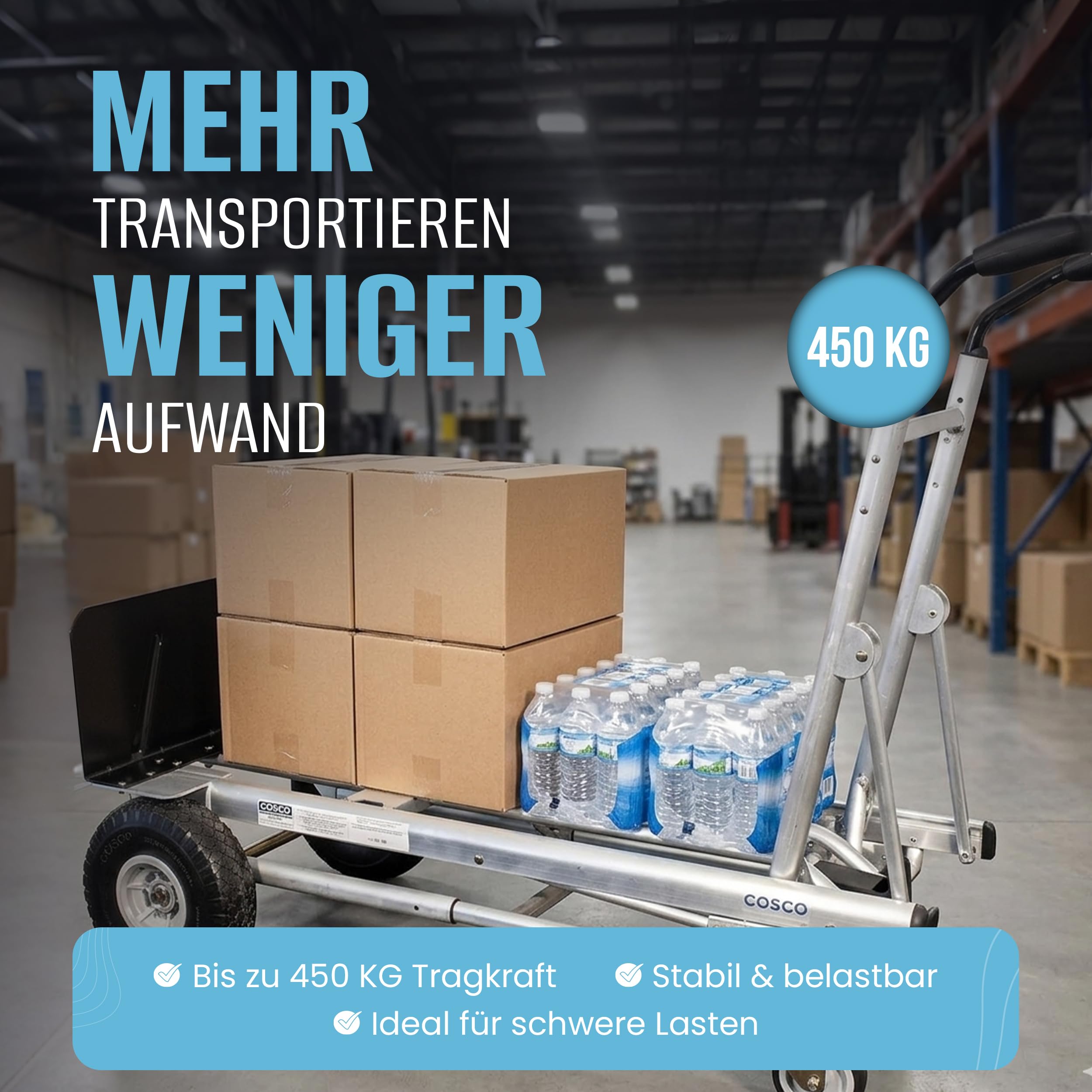 Sackkarre Aluminium - 4in1 Jumbo Cosco bis 450kg Schwerlast Transportwagen, multifunktional einsetzbar, Handkarre mit großen Rädern, ergonomischer Griff