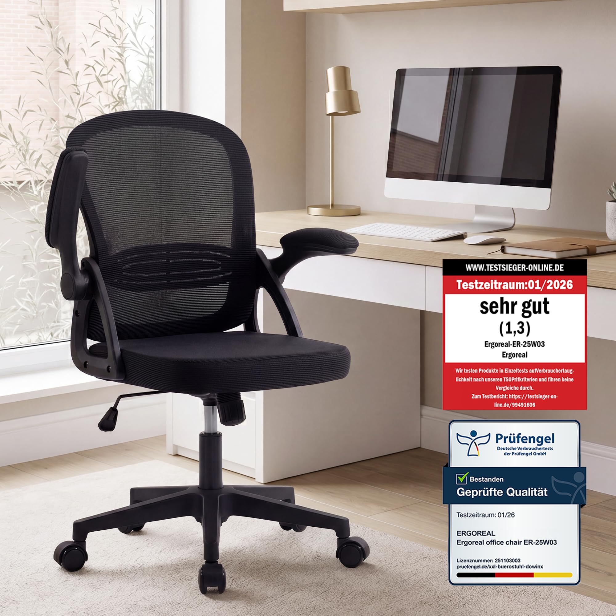 Ergoreal 25W02 Ergonomischer Bürostuhl, 90-110° Verstellbare Rückenlehne & Aufklappbare Armlehnen (90°), Bürostuhl mit Rollen & Höhenverstellung,Homeoffice & Arbeitszimmer
