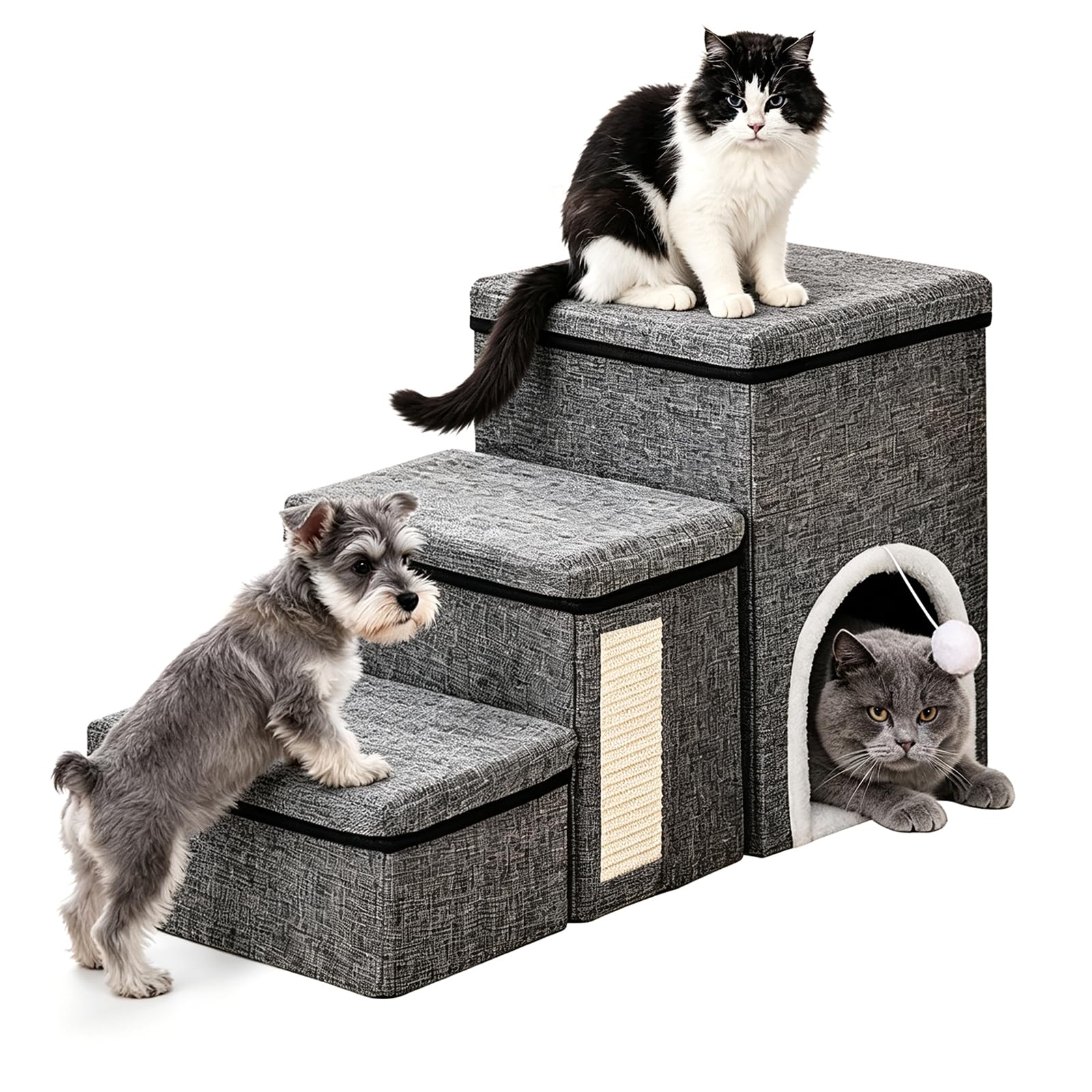 Foldable Pet Stairs Cat House Storage Steps Ramp Grey