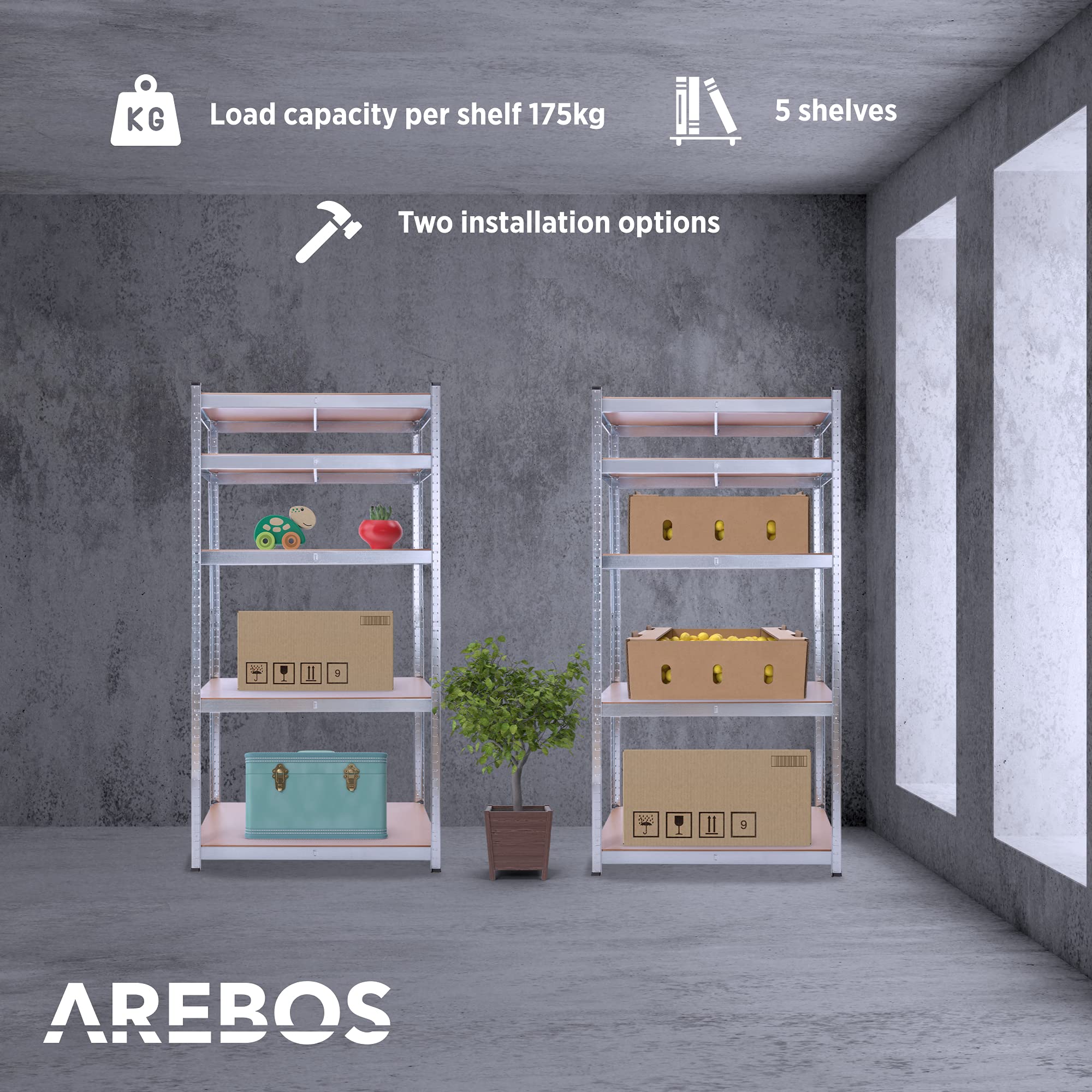 Arebos 2x Regał do dużych obciążeń | Regał piwniczny | Regał magazynowy | Regał bezśrubowy | 180x75x45cm | 5 paneli MDF | Zestaw 2 | 875kg