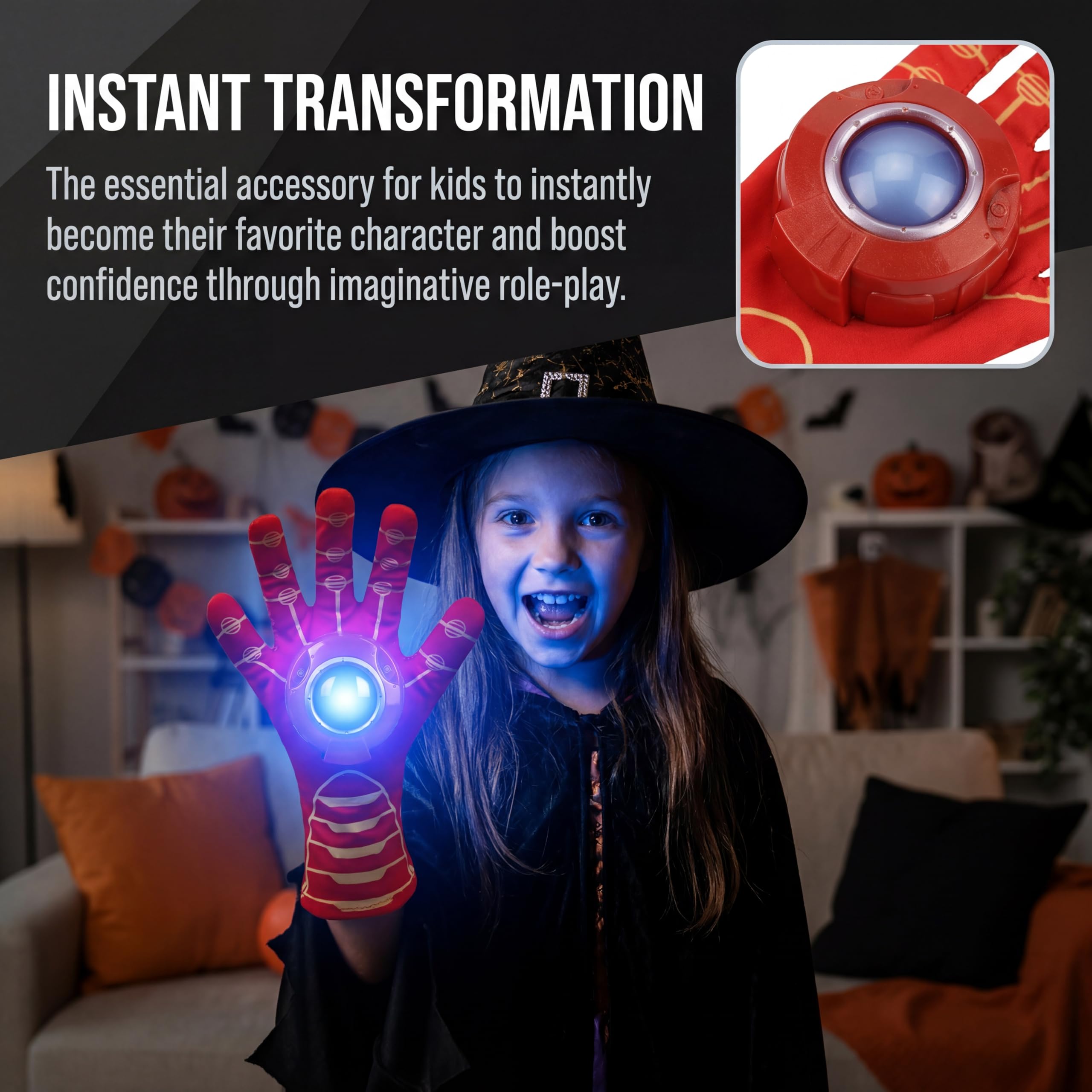 Guanti magici luminosi per bambini, con luci a LED e suono per giochi di ruolo, guanti per costume per Halloween, Natale, festa di compleanno, regalo per ragazzi e ragazze dai 3 ai 12 anni