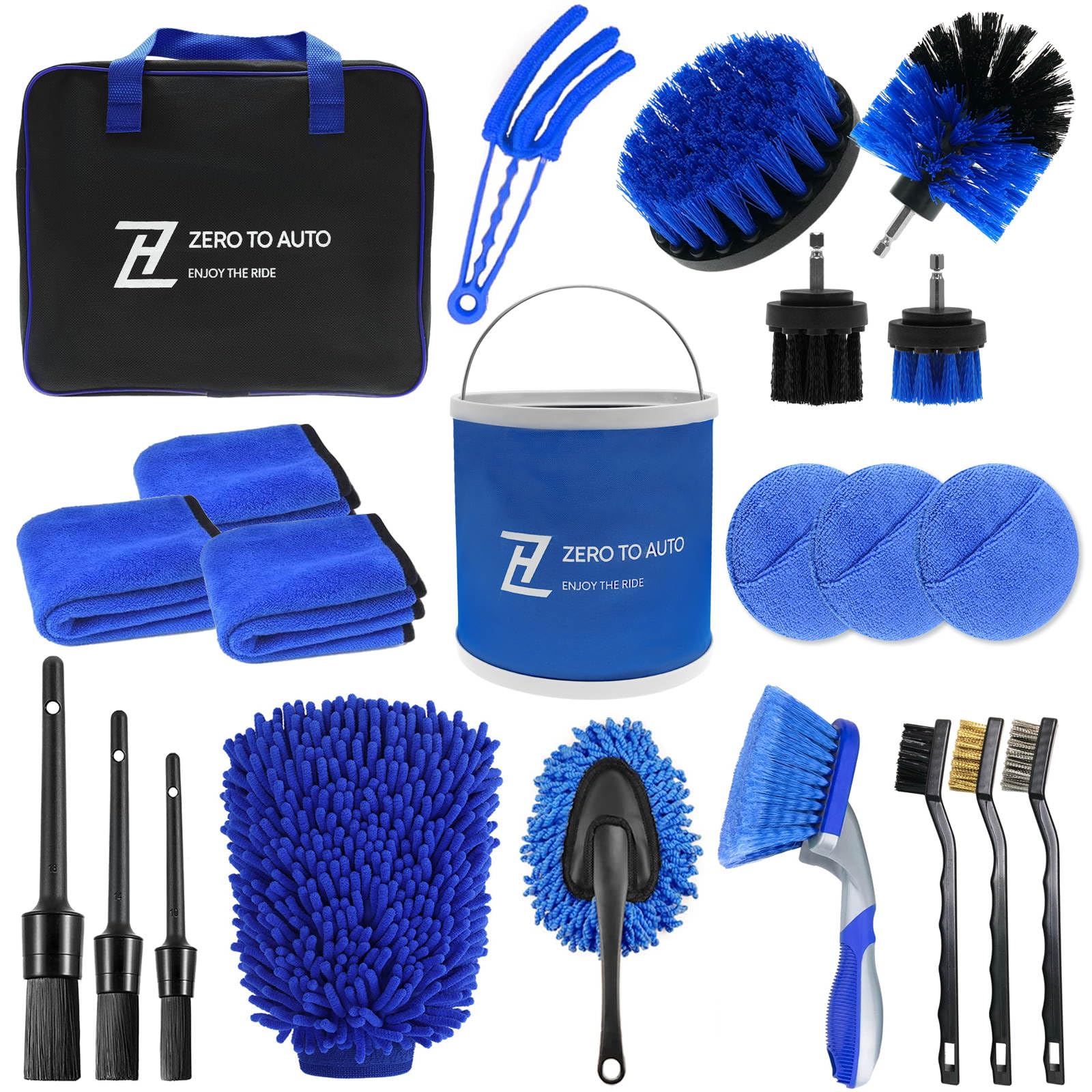 Zero to Auto® Ultimate 22 Pieces Car Cleaning Kit with Collapsible Bucket and Bag for Interior/Exterior Detailing/Washing including Brush Microfibre Towel Mitt For Wheels Leather Dashboard (Blue)