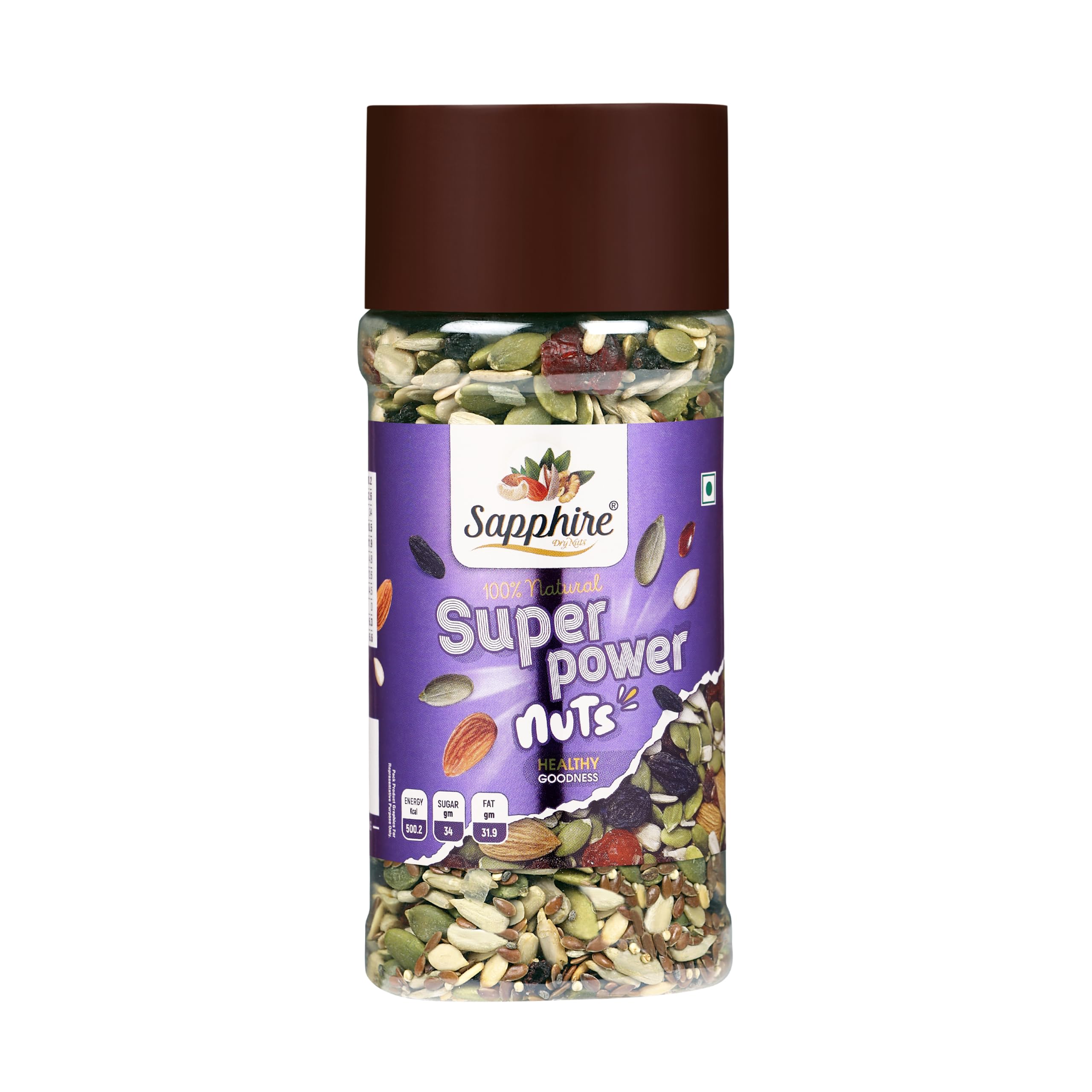 Sapphire Dry Nuts Trail Mix 250 g | 7 in 1 Superfoods | California Almond | Cashews | Cranberries | Dates | Pumpkin Seeds | Green & Black Raisins | High Protein | Fibre-Rich | Oil-Free | Non-Salted | Healthy Snack for Anytime Energy | Dry fruit mix | Mix nuts | Resusable jar