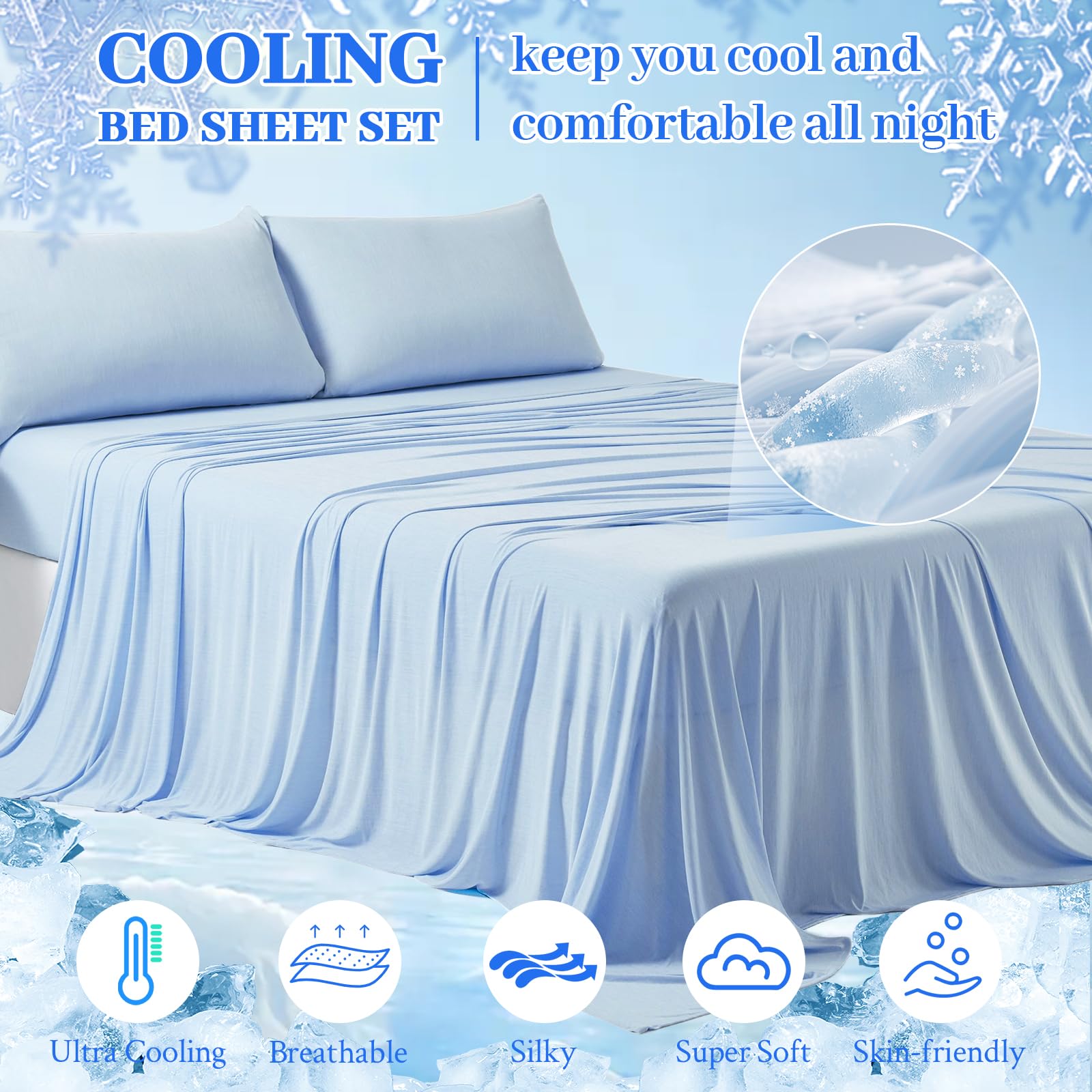 YIYEA Arc-Chill Q-Max - Set di lenzuola rinfrescanti per chi dorme caldo, sottili e traspiranti, con 2 chiusure per lenzuola, con tasca profonda fino a 16 cm, per letto king size