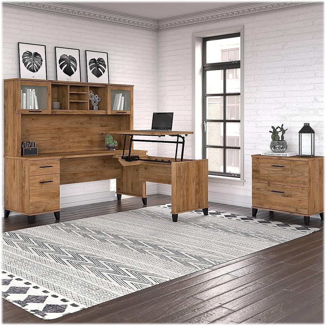 Bush Home Somerset 72W 3 Position Sit to Stand L Shaped Desk with Hutch and File Cabinet in Fresh Walnut