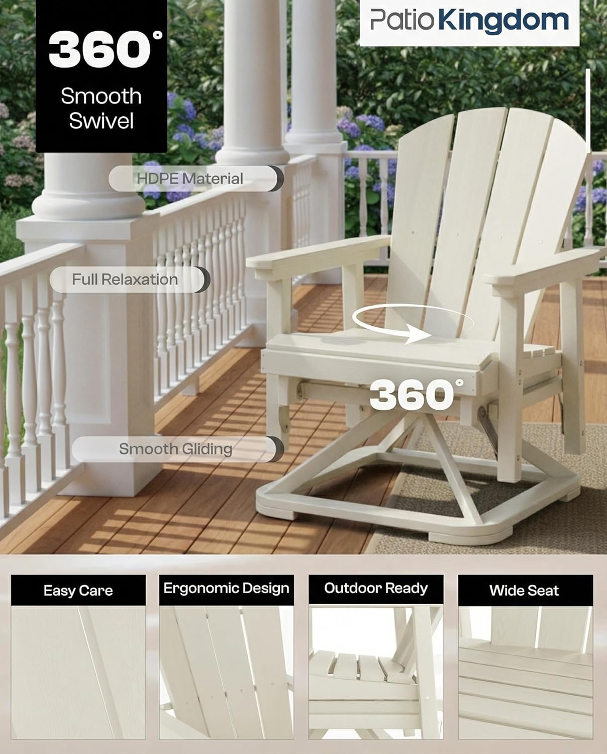 HDPE Swivel Glider Chair Outdoor, Weather Resistant Adirondack Outside Rocking Chair, Wooden Textured Outdoor Swivel Chair Set of 2 for Porch, Balcony, Poolside, Backyard (White)
