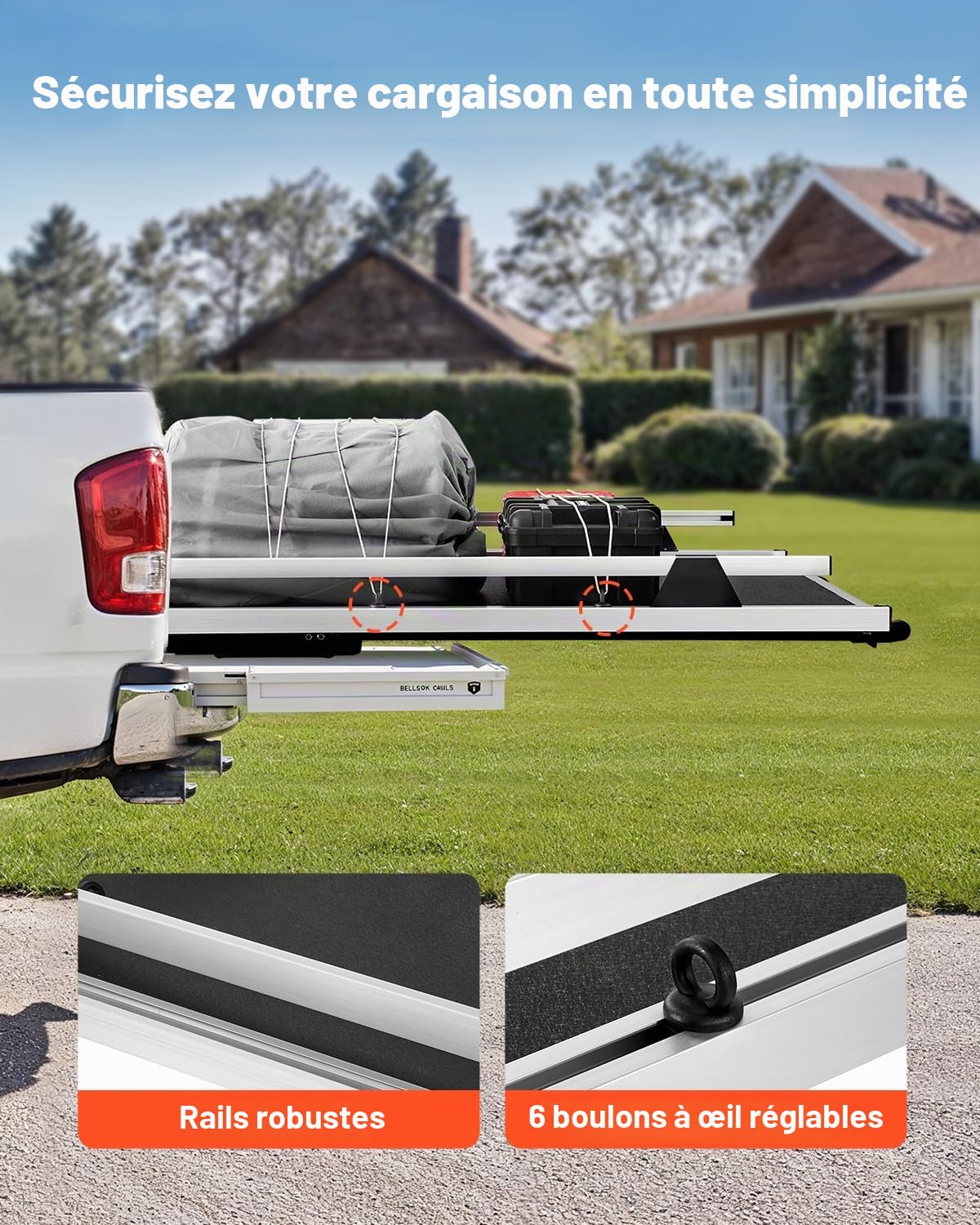 VEVOR Organiseur de lit Coulissant pour Camion, 1727 x 1220 mm, tiroir de Rangement Robuste pour Caisse de Camion, 453,6 kg, avec 6 Anneaux Mobiles de Fixation, Plateau Coulissant 2 Positions, Noir